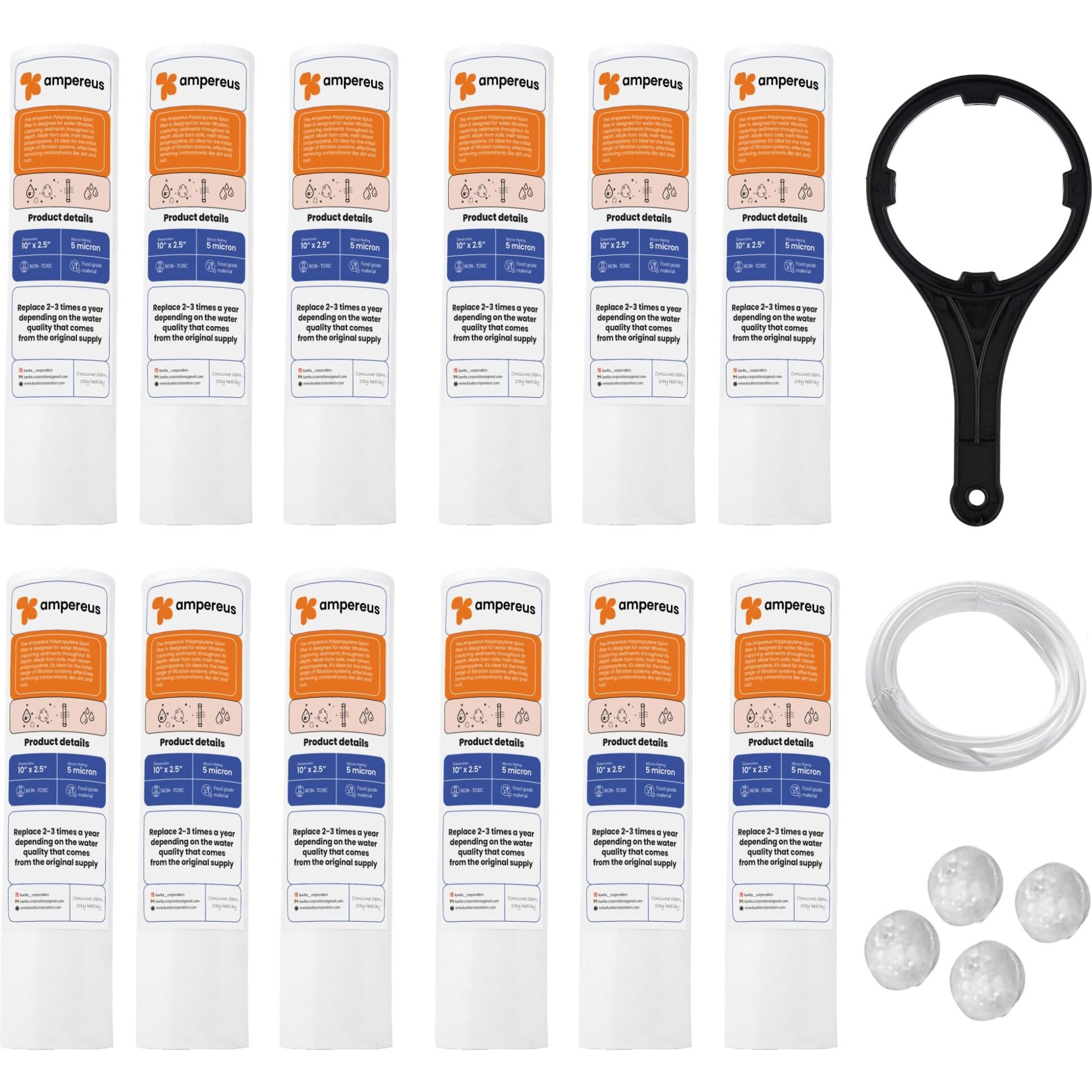 AMPEREUS PP Spun Filter Cartridge 10 inch with Spanner, 2 Meter Pipe & 4 Antiscalant Balls Compatible for All Type Commercial Ro Pre Filters | Replacement High-Density Pre-Filter Candle (12 Pcs PP)
