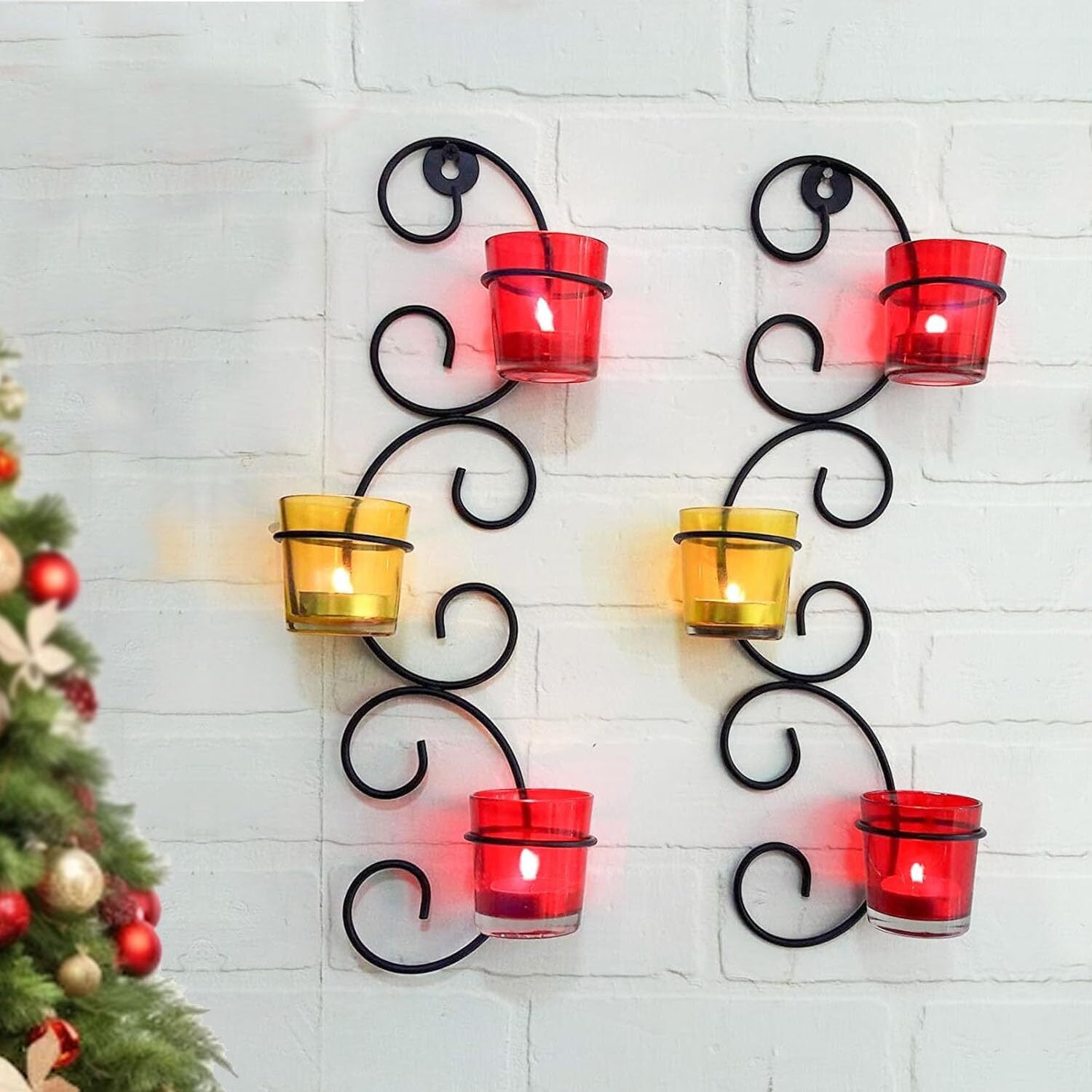 TIED RIBBONS Decorative Wall Hanging Tealight Candle Holder Metal Wall Sconce with Glass Cups - Christmas Decorations Items for Home Decor Restaurant Office Gifts (Set of 2)