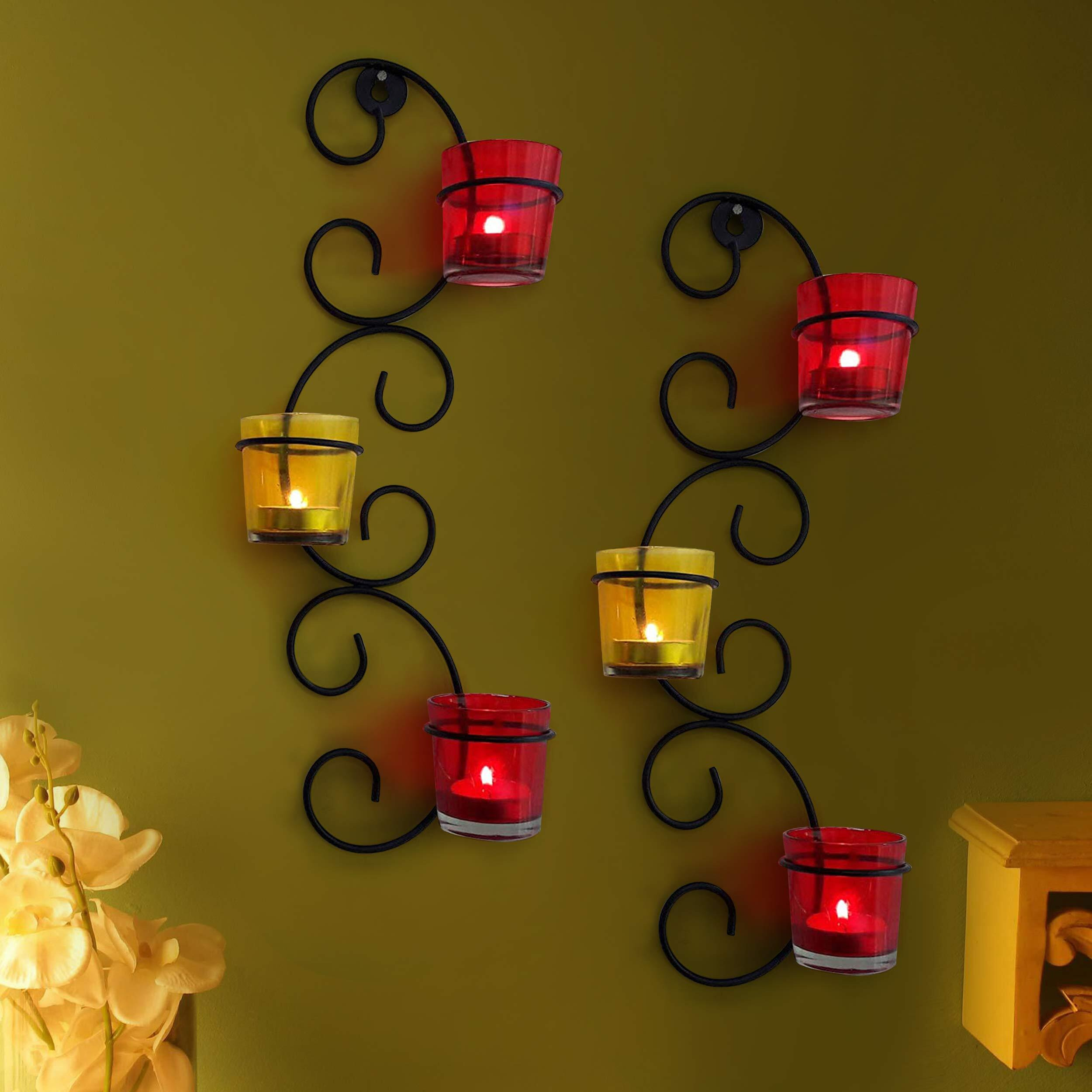 TIED RIBBONS Decorative Wall Hanging Tealight Candle Holder Metal Wall Sconce with Glass Cups - Christmas Decorations Items for Home Decor Restaurant Office Gifts (Set of 2)