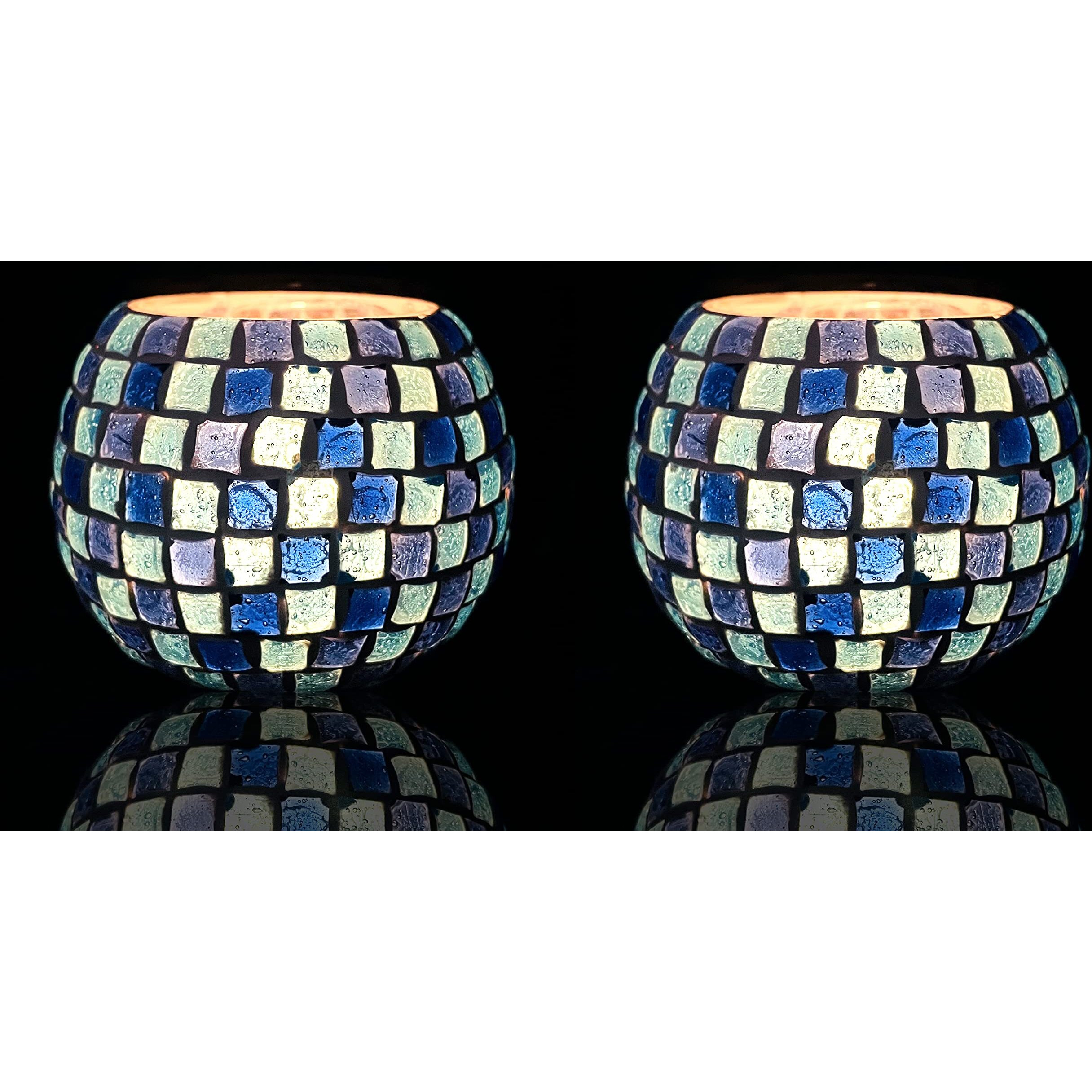 Bianco T-Light Mosaic Candle Holder for Home Decoration Mosaic Glass, for Bedroom, Office, Living Room, Dining Table, Festive Lights Decoration (Pack of 2)