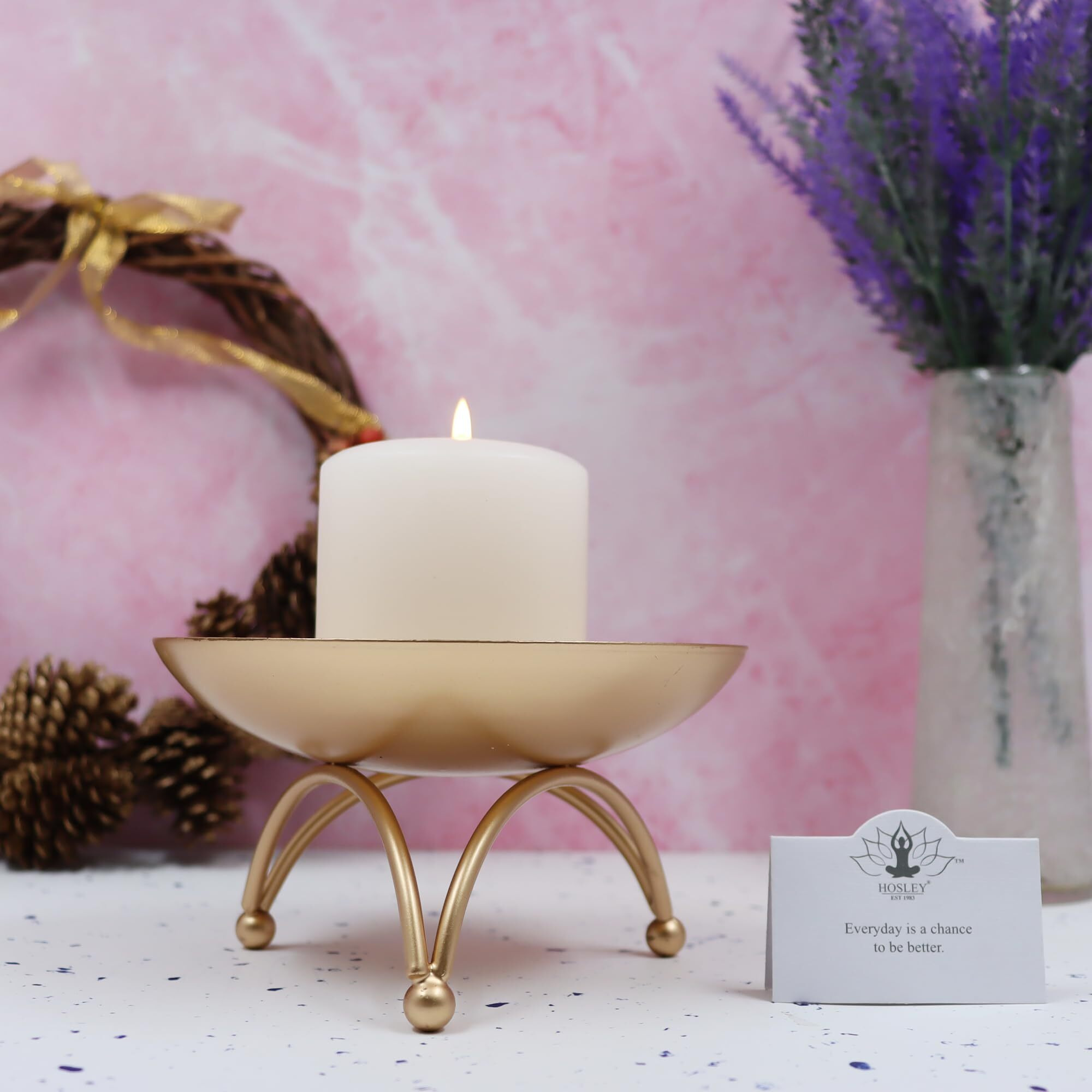 HOSLEY Metal Pillar Candle Holders|Gold Pillar Candle Holders Table Centerpiece with One Free Pillar Candle| Perfect for Home Decor Living Room Dining Room| Pack of 1 (Gold)