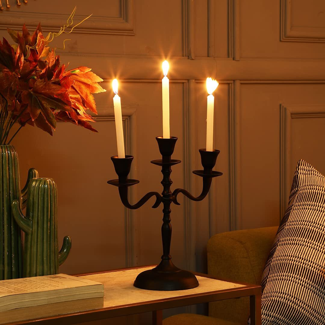 Purestory Candle Holder | Candle Holders for Home Decoration | Heat Resistance & Aesthetic Appeal | Best for Gifitng & Diwali Decoration | 3 Arm Candle Stand for Dinner Table & Church Altar - Black