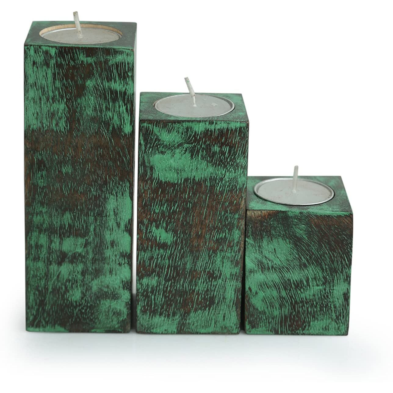 ExclusiveLane Wooden Antique Finish Table Tea Light Candle Holders for Home Decoration | Teal Blocks Handpainted Tealight Candle Stand (Set of 3)