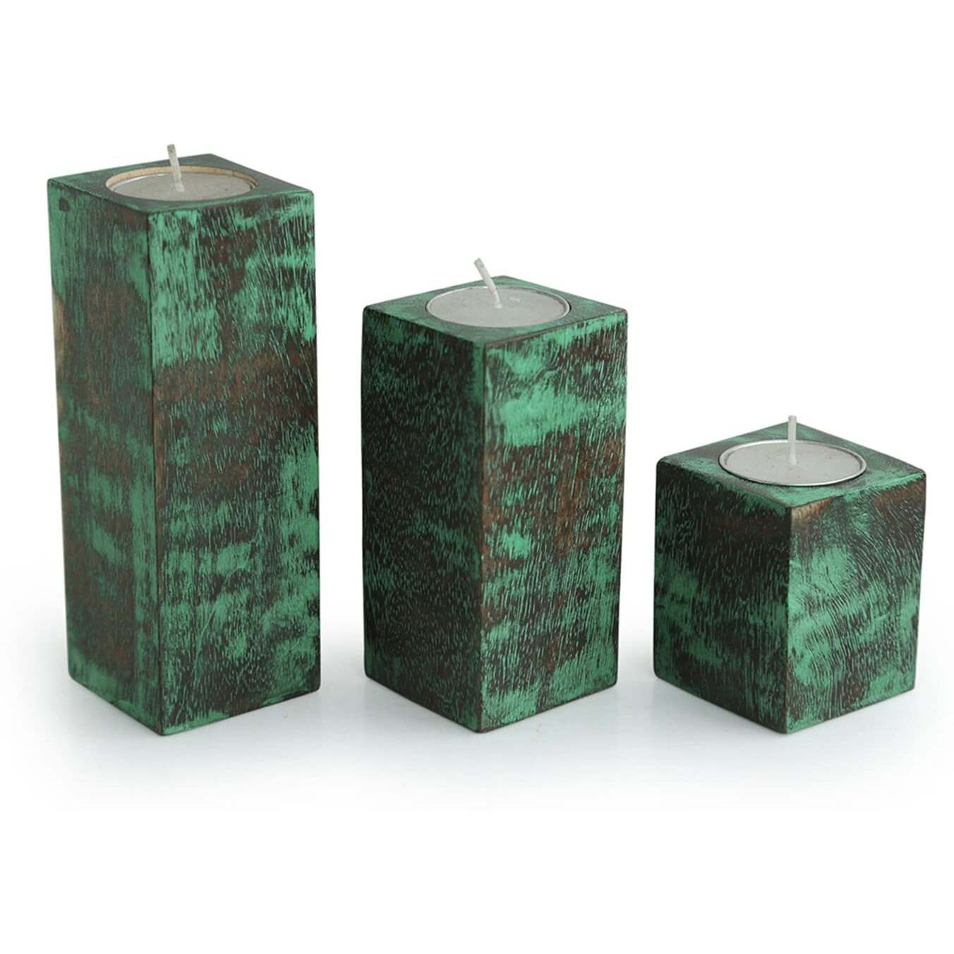ExclusiveLane Wooden Antique Finish Table Tea Light Candle Holders for Home Decoration | Teal Blocks Handpainted Tealight Candle Stand (Set of 3)