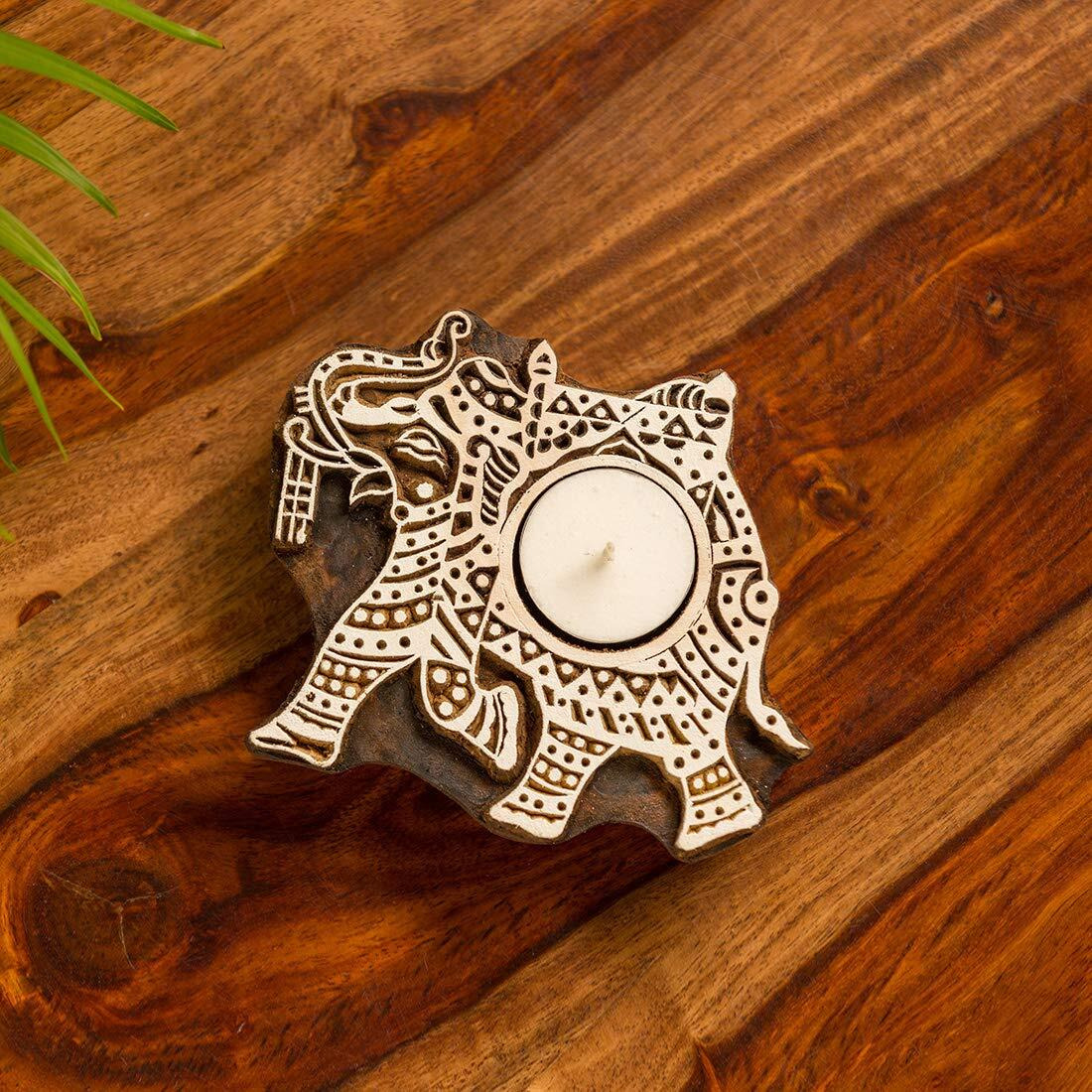 ExclusiveLane Dazzling Elephant Hand-Carved Block Tea-Light Holder (Sheesham Wood) - Decorative Tea Light Candle Holder for Home Dcor Votive Tea Light Holder T Lite Candle Stand for Home Decoration