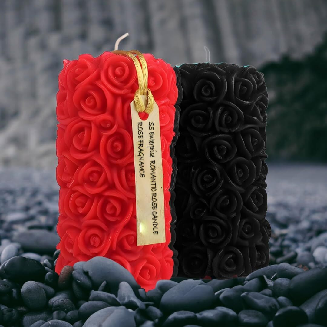 Rose Flower Shape Candle for Home Decor | Romantic Fragrance Candles | Smoke-Free Pillar Candle | Romantic Night (Pack of 2, Red Black)