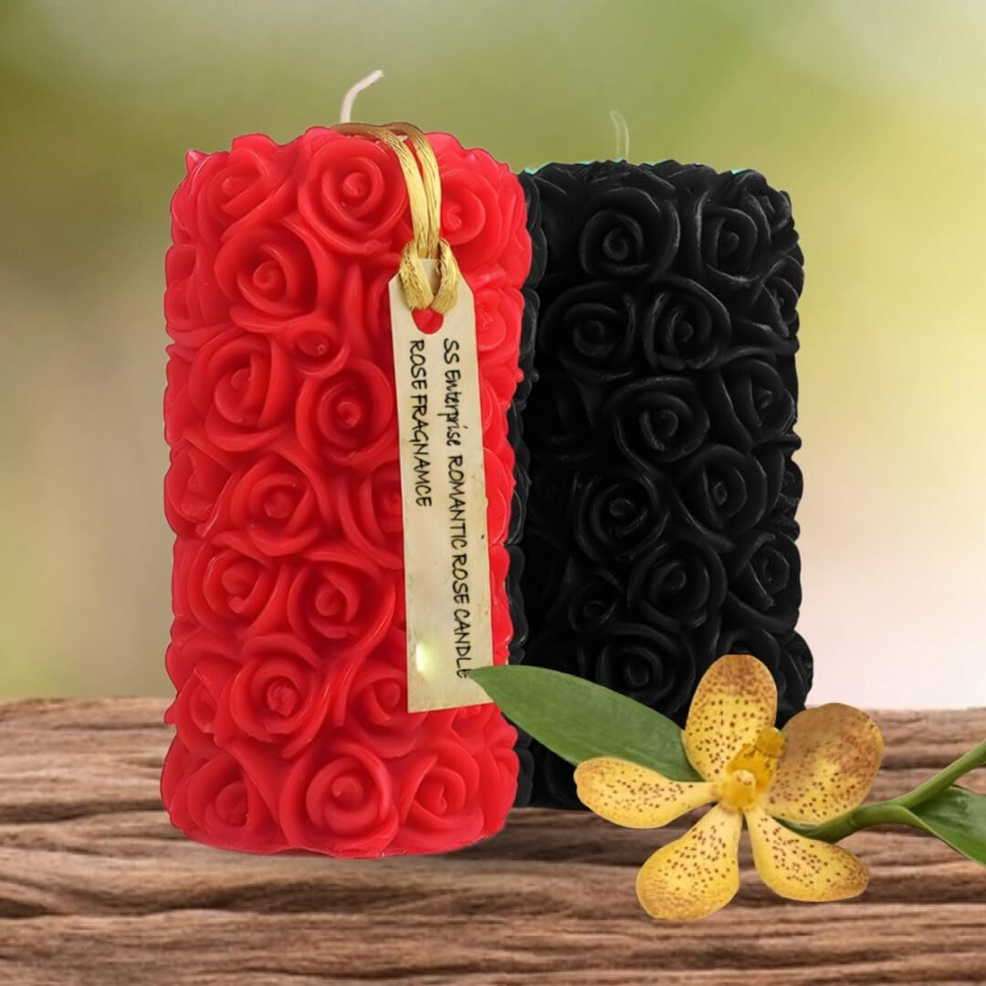 Rose Flower Shape Candle for Home Decor | Romantic Fragrance Candles | Smoke-Free Pillar Candle | Romantic Night (Pack of 2, Red Black)
