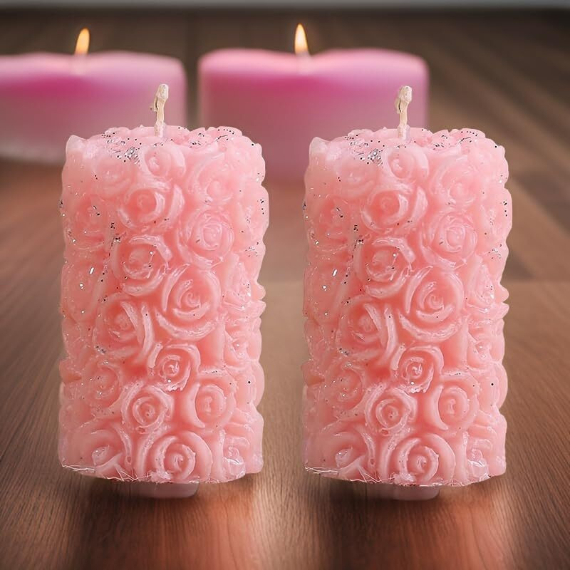 Rose Flower Shape Candle for Home Decor | Romantic Fragrance Candles | Smoke-Free Pillar Candle | Romantic Night (Pack of 2, Pink)