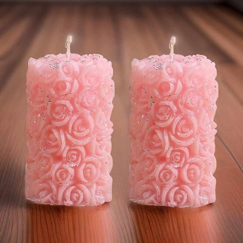 Rose Flower Shape Candle for Home Decor | Romantic Fragrance Candles | Smoke-Free Pillar Candle | Romantic Night (Pack of 2, Pink)