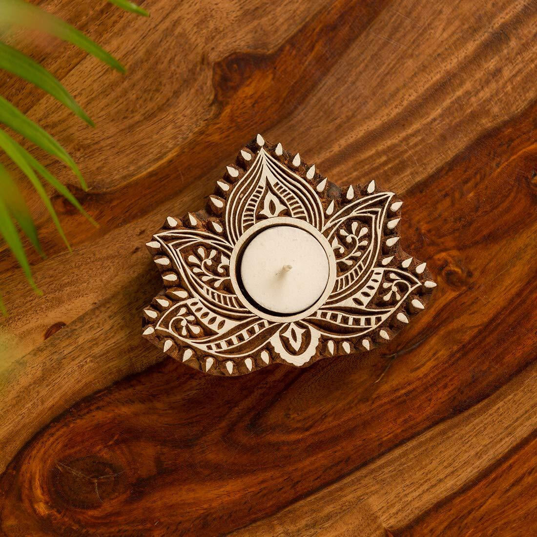 ExclusiveLane Luminous Lotus Hand-Carved Block Tea Light Holder (Sheesham Wood) - Decorative Tea Light Candle Holder for Home Dcor Votive Tea Light Holder T Lite Candle Stand for Home Decoration