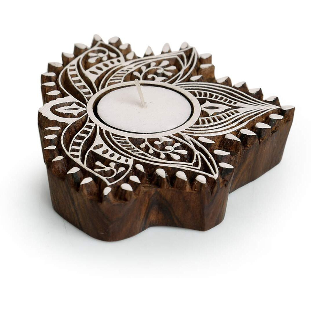 ExclusiveLane Luminous Lotus Hand-Carved Block Tea Light Holder (Sheesham Wood) - Decorative Tea Light Candle Holder for Home Dcor Votive Tea Light Holder T Lite Candle Stand for Home Decoration