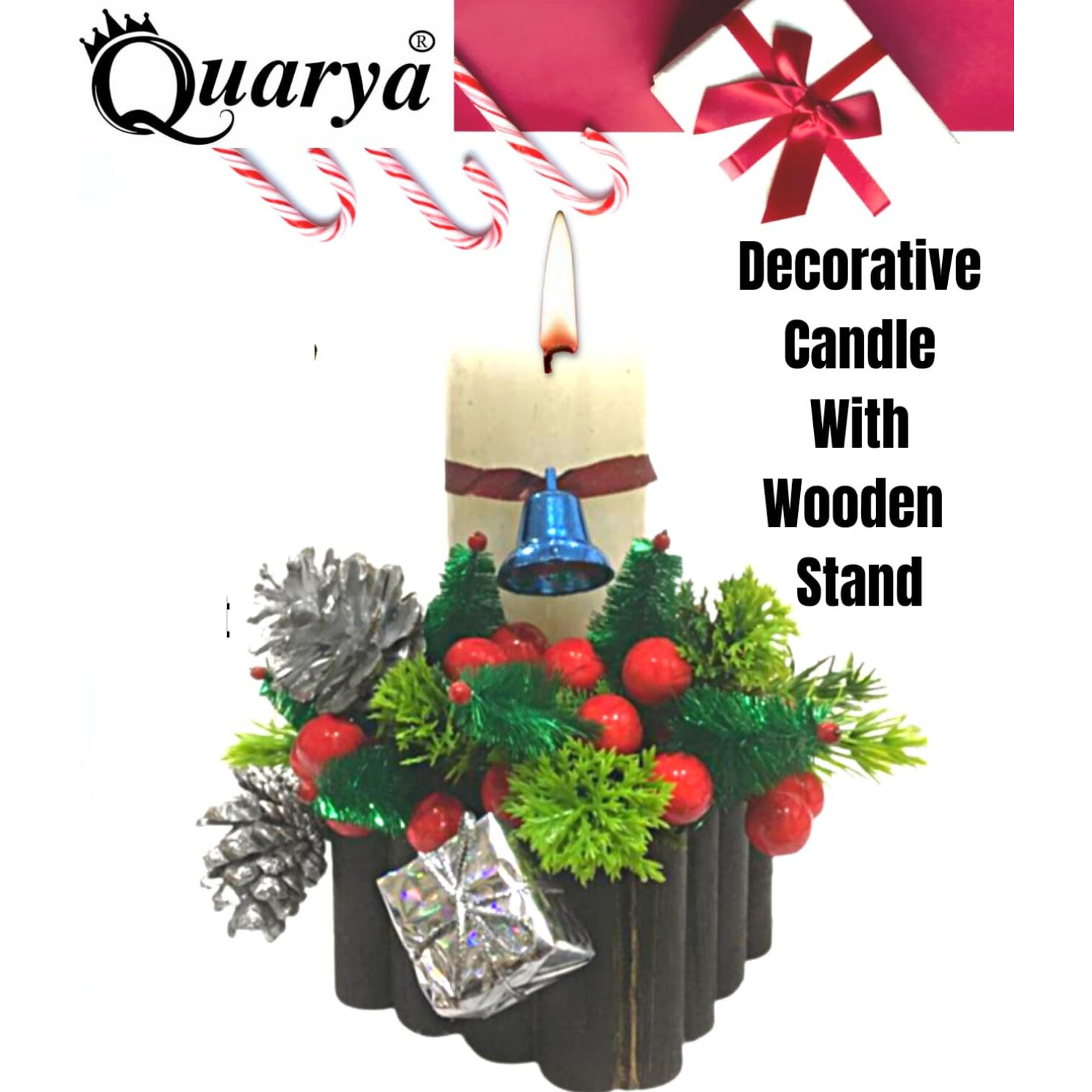 Quarya Decorative Candle with Wooden Stand Wax Pillar Design Round Merry Christmas Candles with Decoration Items for Xmas for Home Office Decoration (Pack of 1)