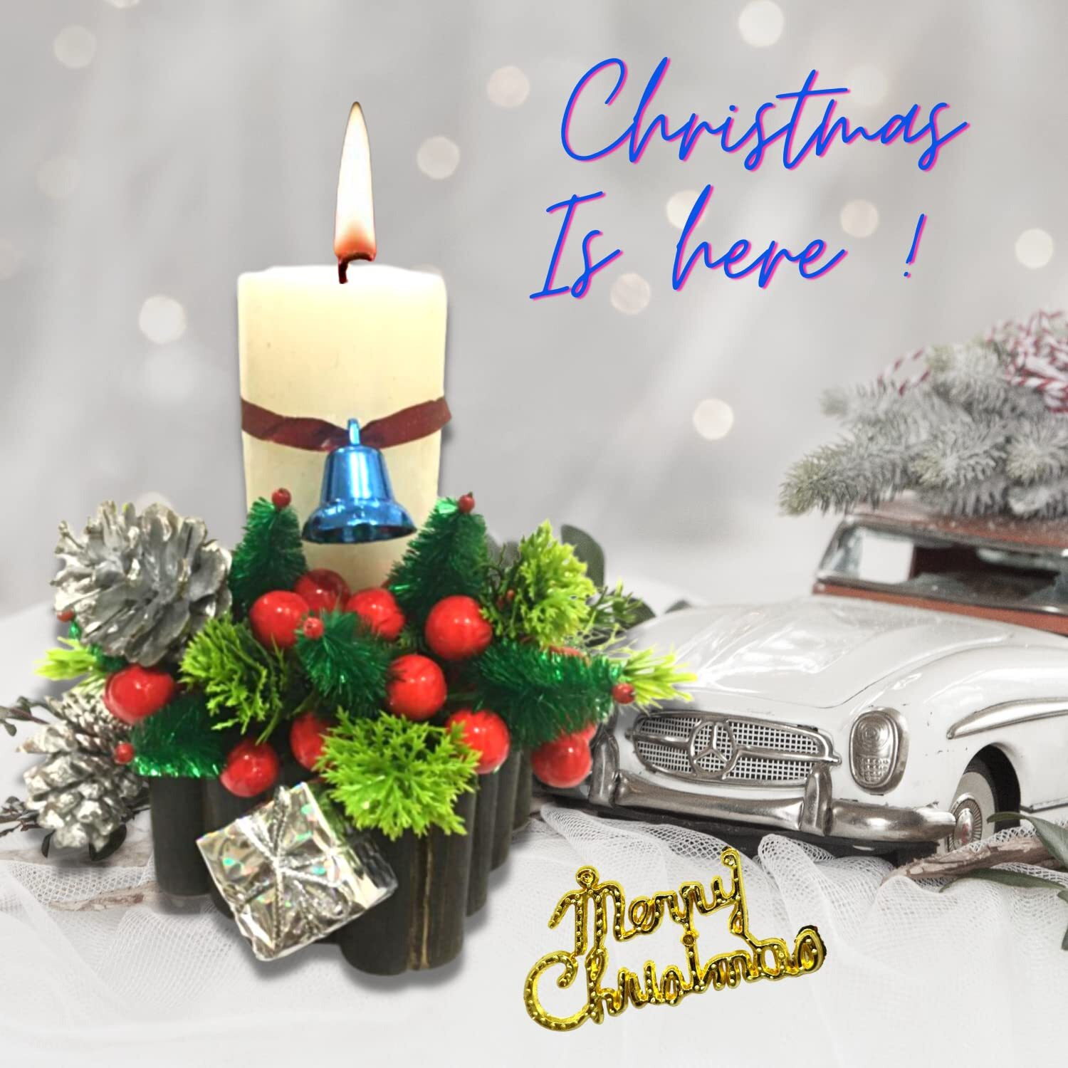 Quarya Decorative Candle with Wooden Stand Wax Pillar Design Round Merry Christmas Candles with Decoration Items for Xmas for Home Office Decoration (Pack of 1)