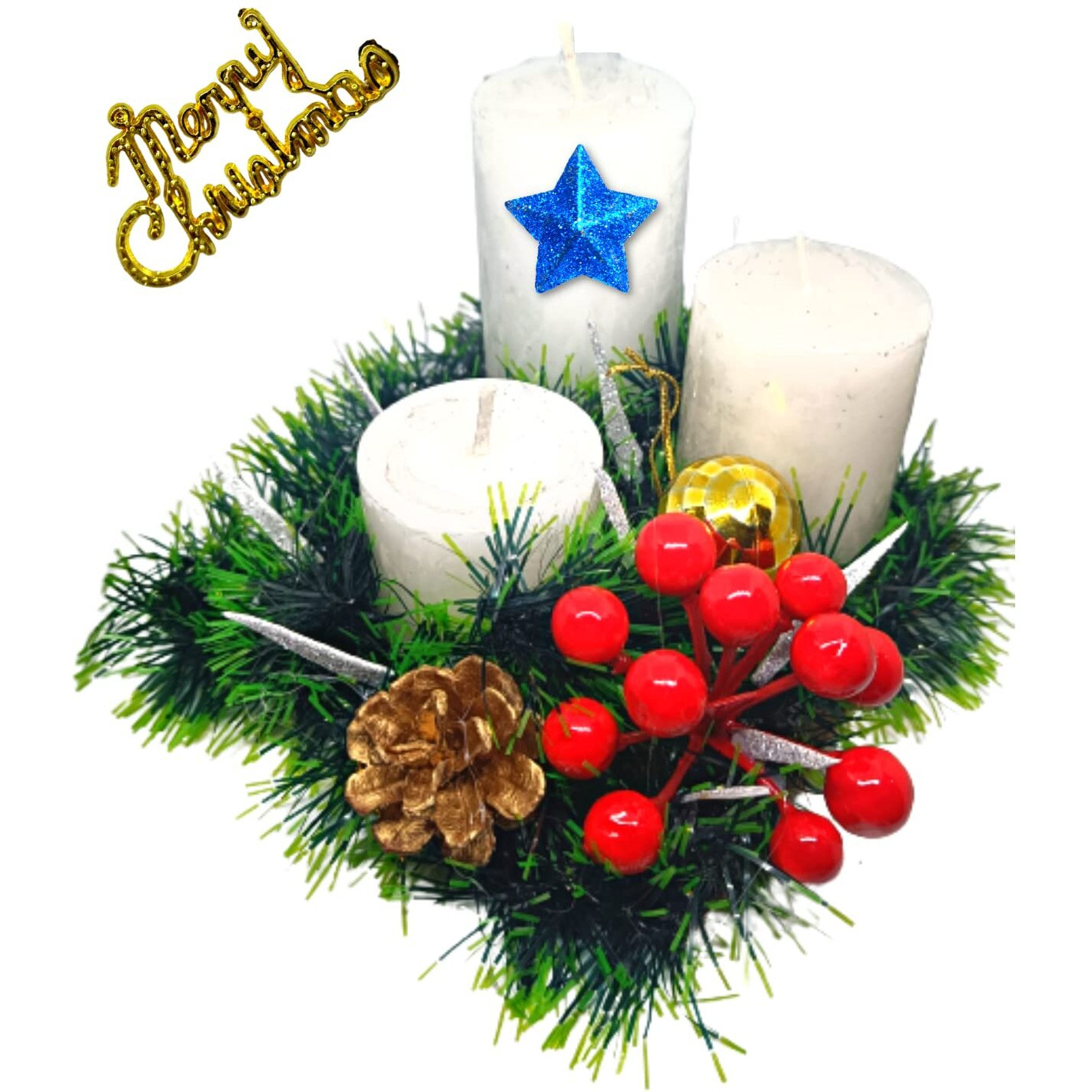 Quarya Decorative Candles 1 Set of 3 Wax Pillars Design Round Merry Christmas Candles with Decoration Items for Xmas Santa Candle for Home Office Decoration(1 Set with Merry Christmas Acrylic Cut out)