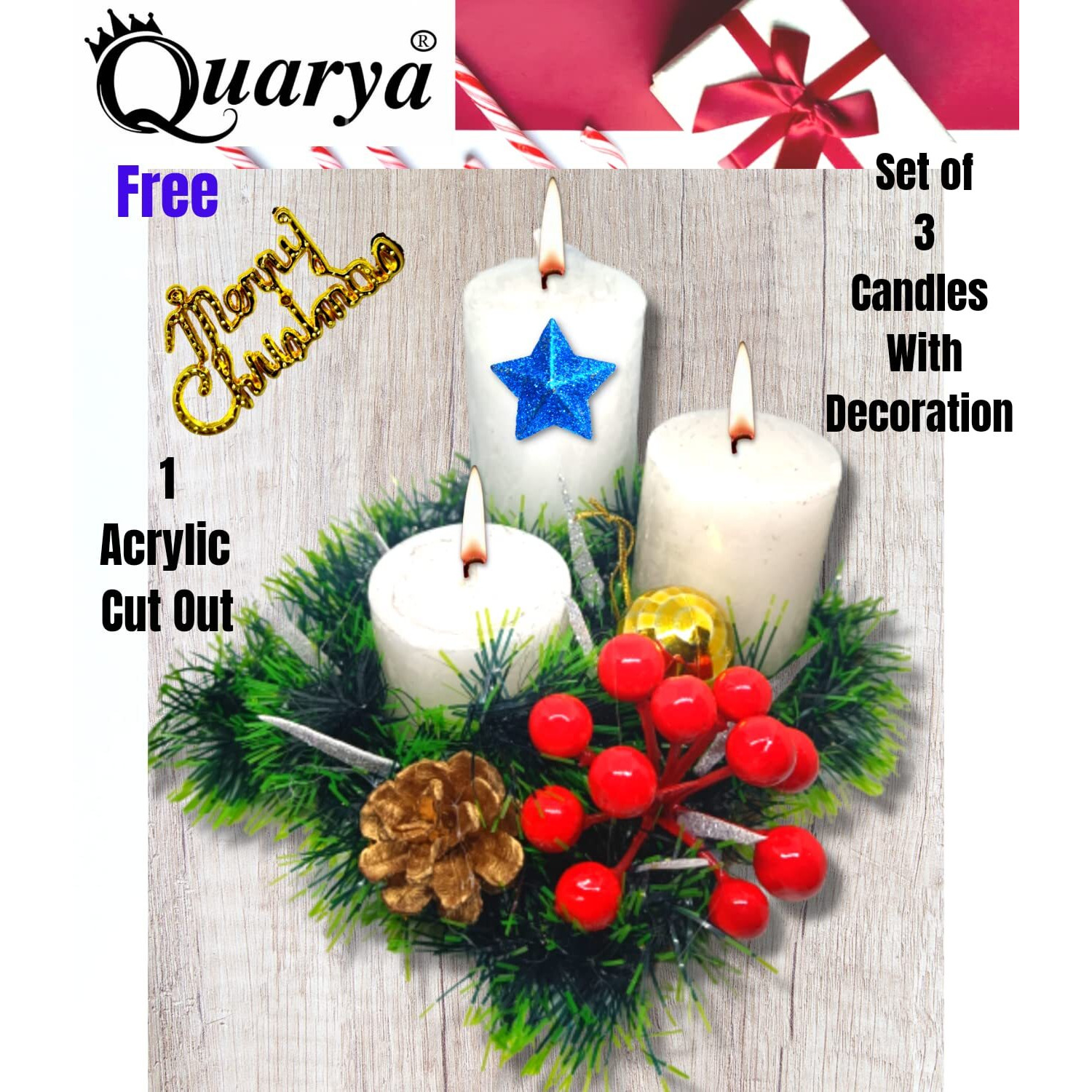 Quarya Decorative Candles 1 Set of 3 Wax Pillars Design Round Merry Christmas Candles with Decoration Items for Xmas Santa Candle for Home Office Decoration(1 Set with Merry Christmas Acrylic Cut out)