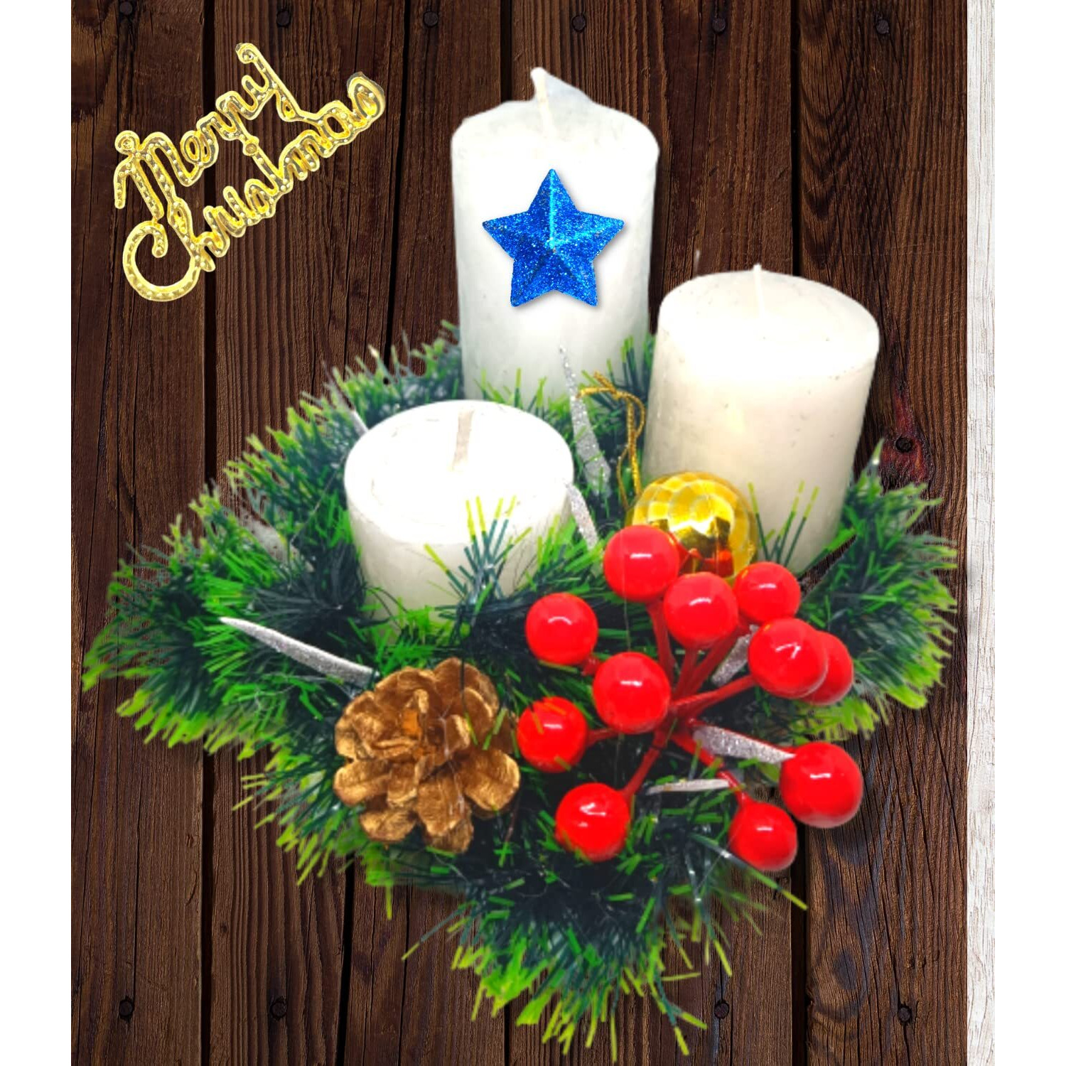 Quarya Decorative Candles 1 Set of 3 Wax Pillars Design Round Merry Christmas Candles with Decoration Items for Xmas Santa Candle for Home Office Decoration(1 Set with Merry Christmas Acrylic Cut out)