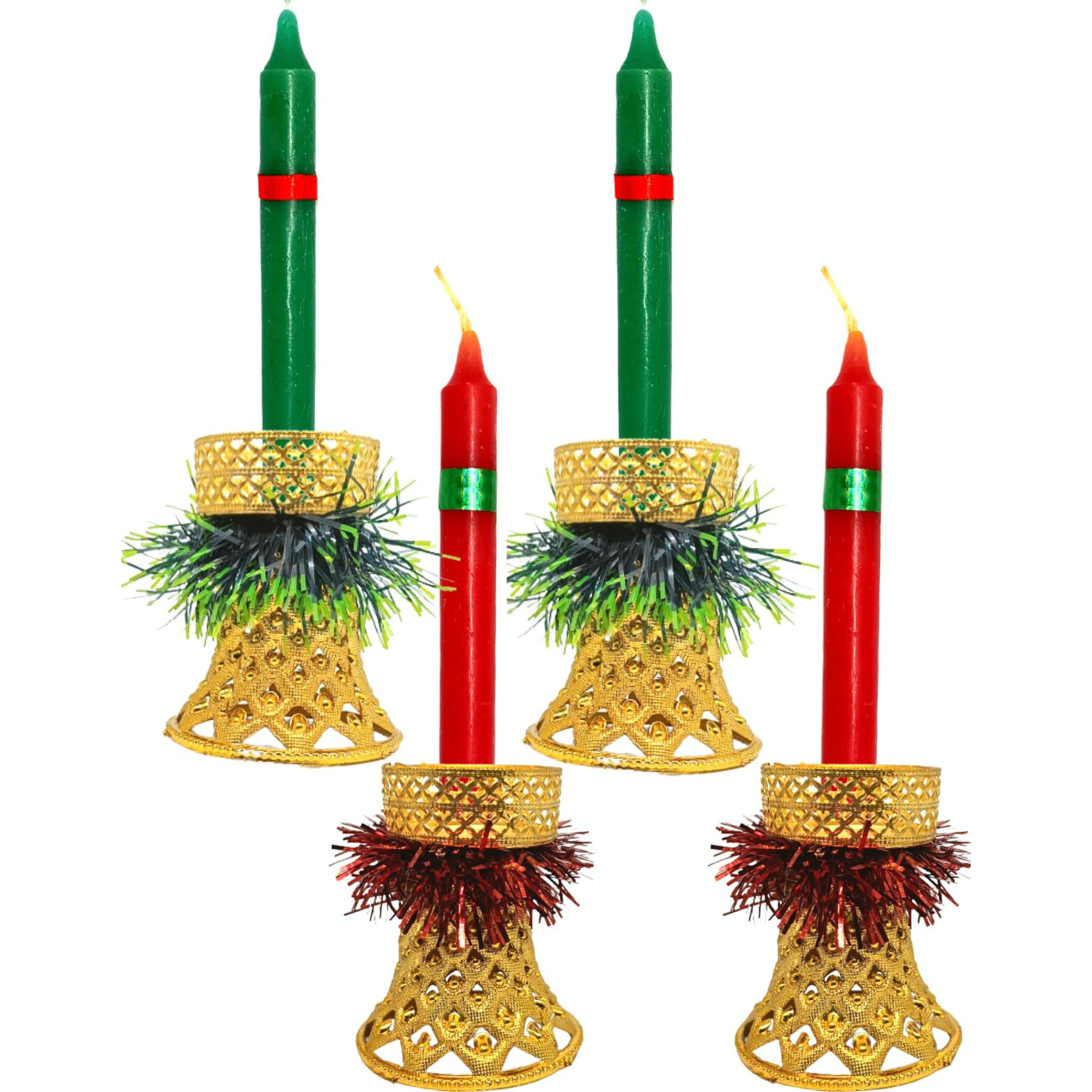 Quarya Decorative Candles Round Merry Christmas Wax Candles with Candle Stands Holders for Xmas Red Green Santa Candles for Home Office Decoration (Pack of 4 with Candle Stands)