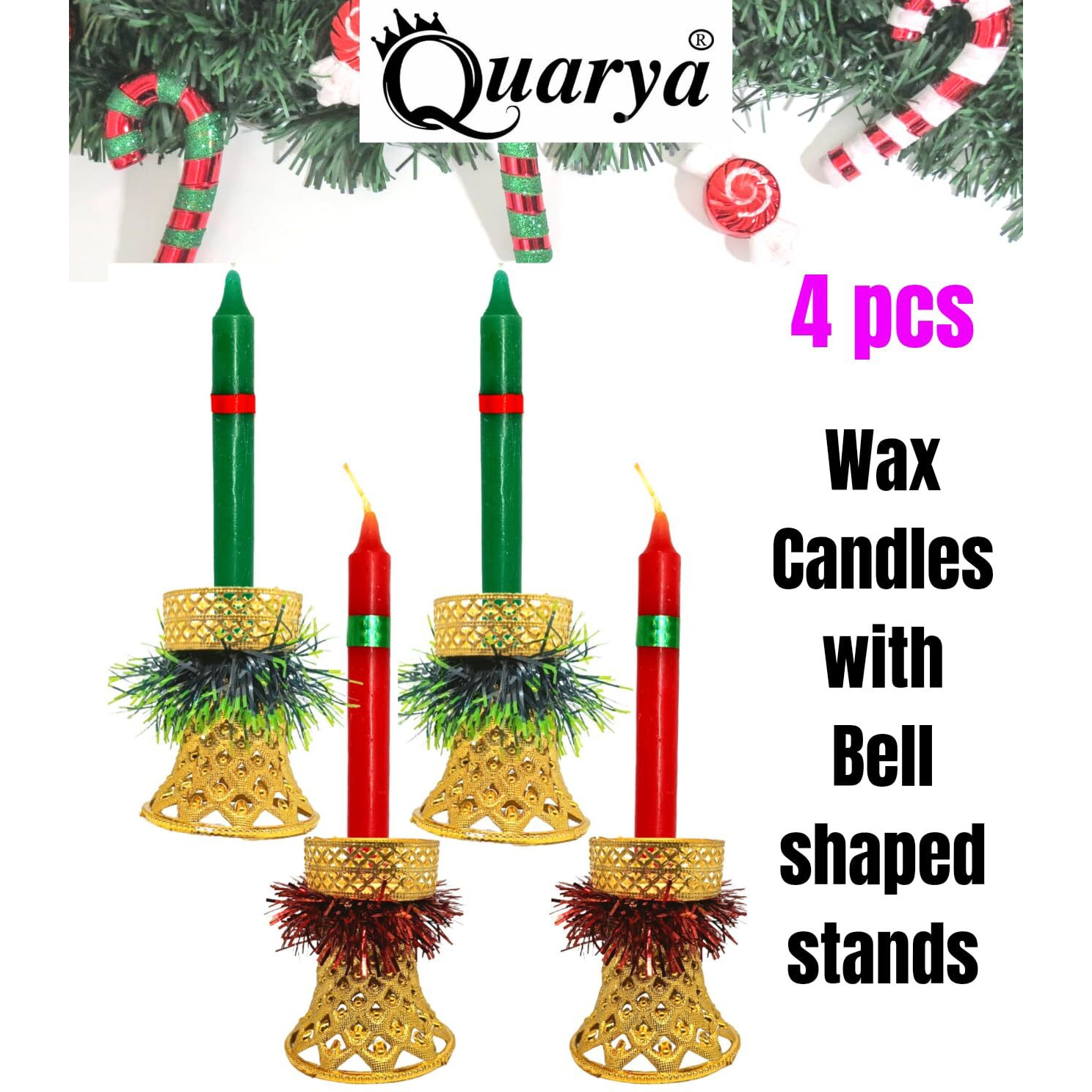 Quarya Decorative Candles Round Merry Christmas Wax Candles with Candle Stands Holders for Xmas Red Green Santa Candles for Home Office Decoration (Pack of 4 with Candle Stands)