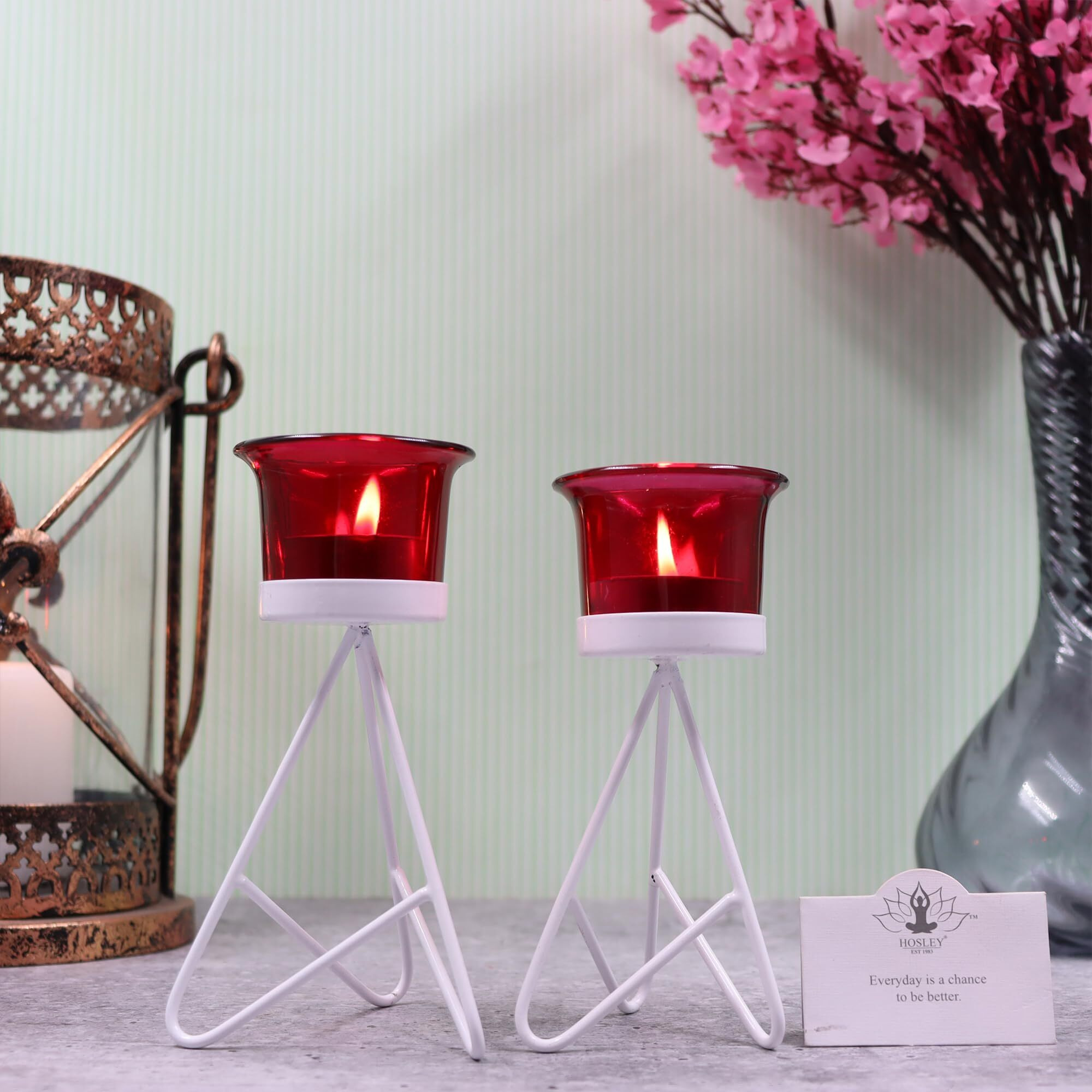 HOSLEY Metal Red Glass Tealight Candle Holder| Tealight Candle Holder with Glass Holder Perfect for Home Decor Tabletop| 1-Cup Centerpiece(Pack of 2) with Pack of 2 Tealights (White)