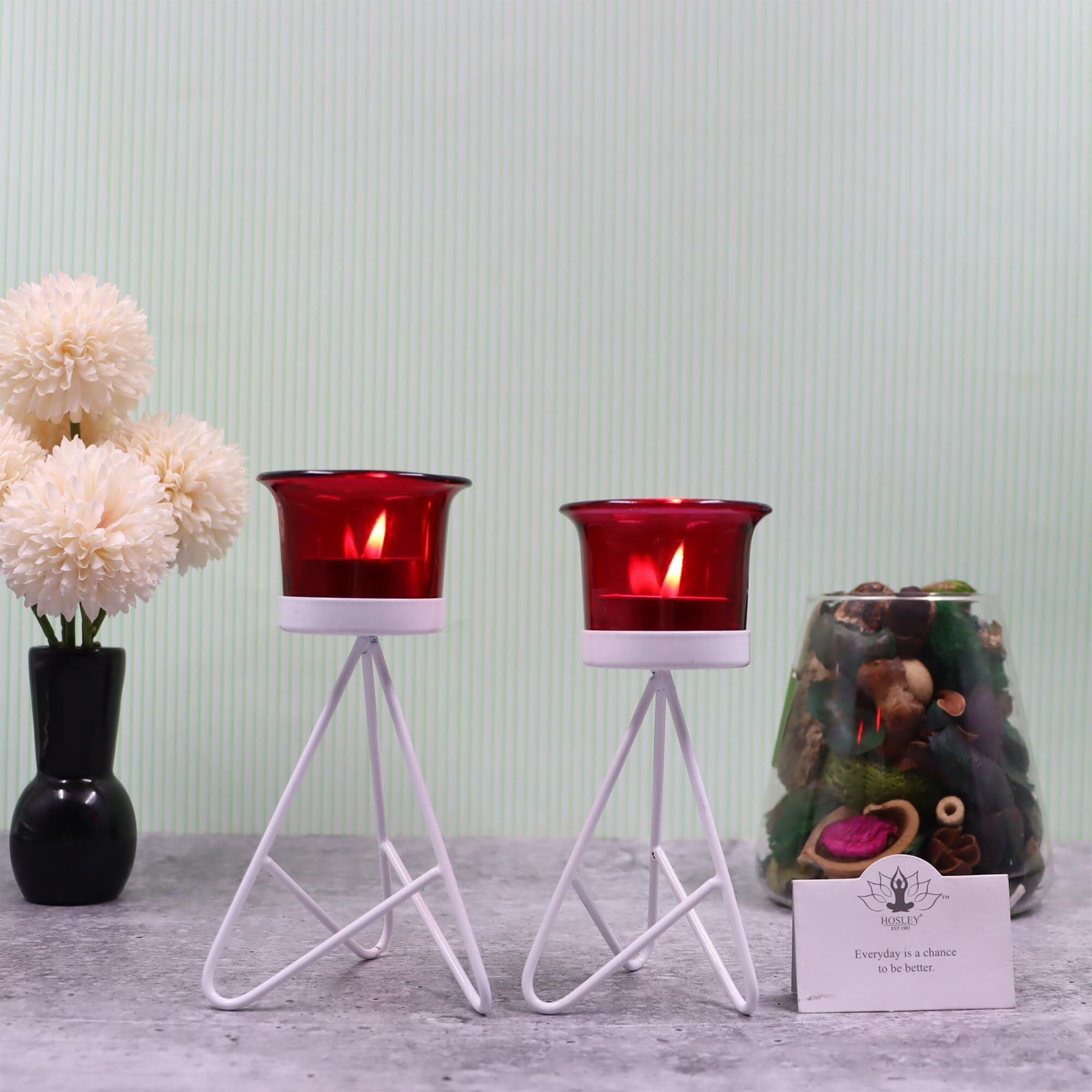 HOSLEY Metal Red Glass Tealight Candle Holder| Tealight Candle Holder with Glass Holder Perfect for Home Decor Tabletop| 1-Cup Centerpiece(Pack of 2) with Pack of 2 Tealights (White)