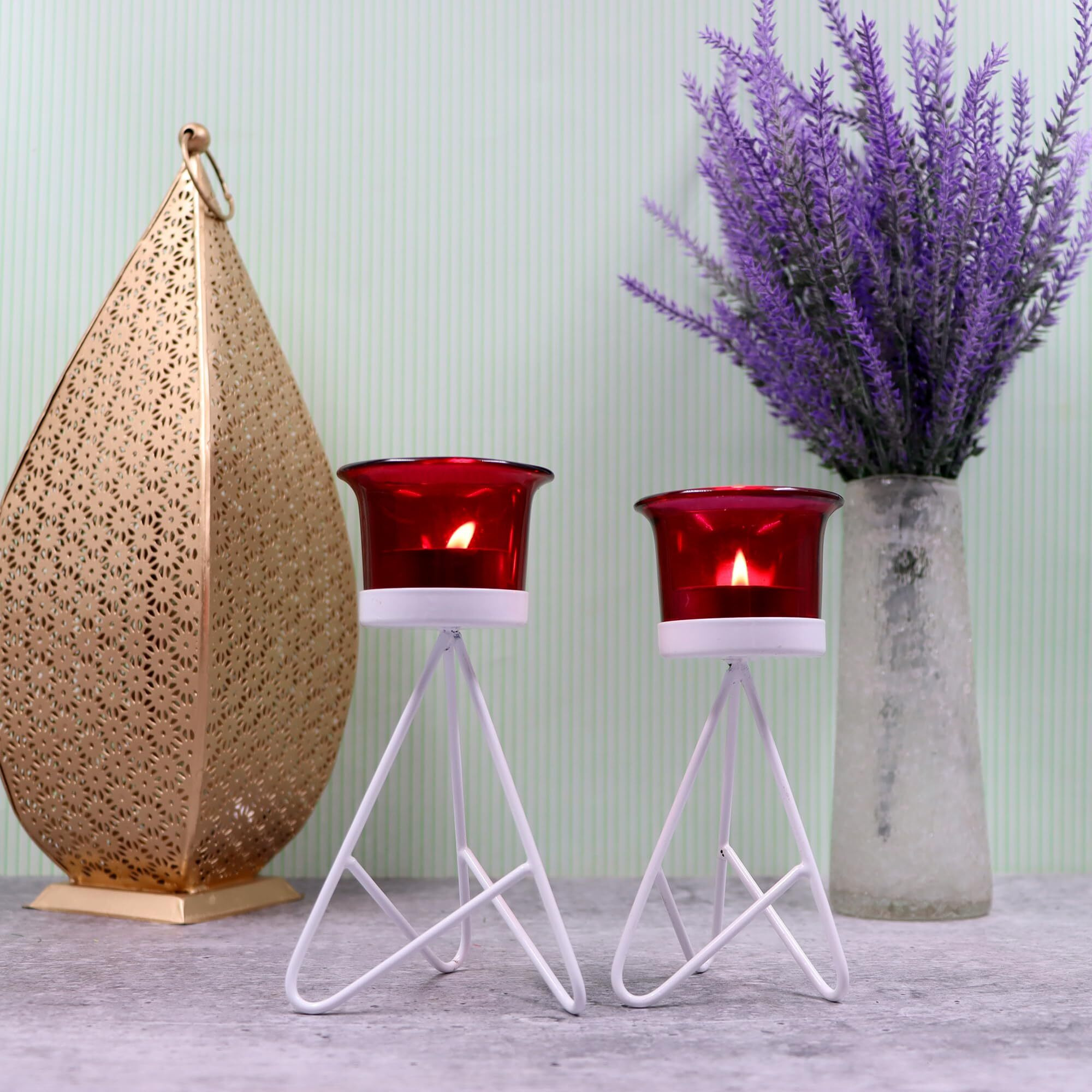 HOSLEY Metal Red Glass Tealight Candle Holder| Tealight Candle Holder with Glass Holder Perfect for Home Decor Tabletop| 1-Cup Centerpiece(Pack of 2) with Pack of 2 Tealights (White)