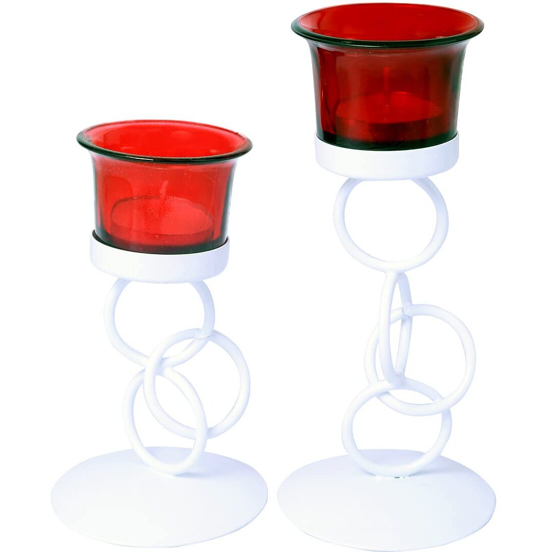 HOSLEY Metal Red Glass Tealight Candle Holder| Tealight Candle Holder with Glass Holder Perfect for Home Decor Wedding Parties Tabletop| 1-Cup Centerpiece(Pack of 2) with Pack of 2 Tealights (White)
