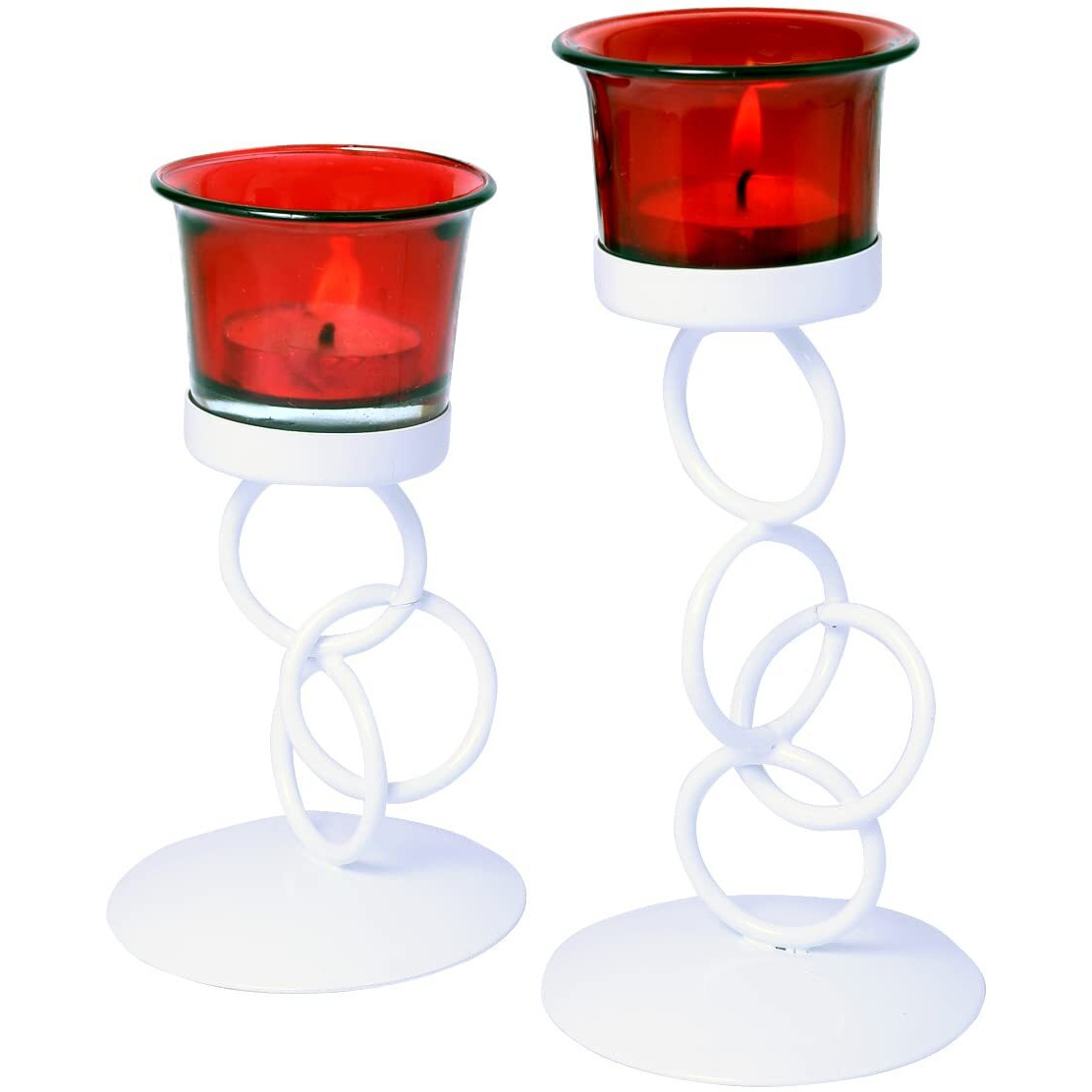 HOSLEY Metal Red Glass Tealight Candle Holder| Tealight Candle Holder with Glass Holder Perfect for Home Decor Wedding Parties Tabletop| 1-Cup Centerpiece(Pack of 2) with Pack of 2 Tealights (White)