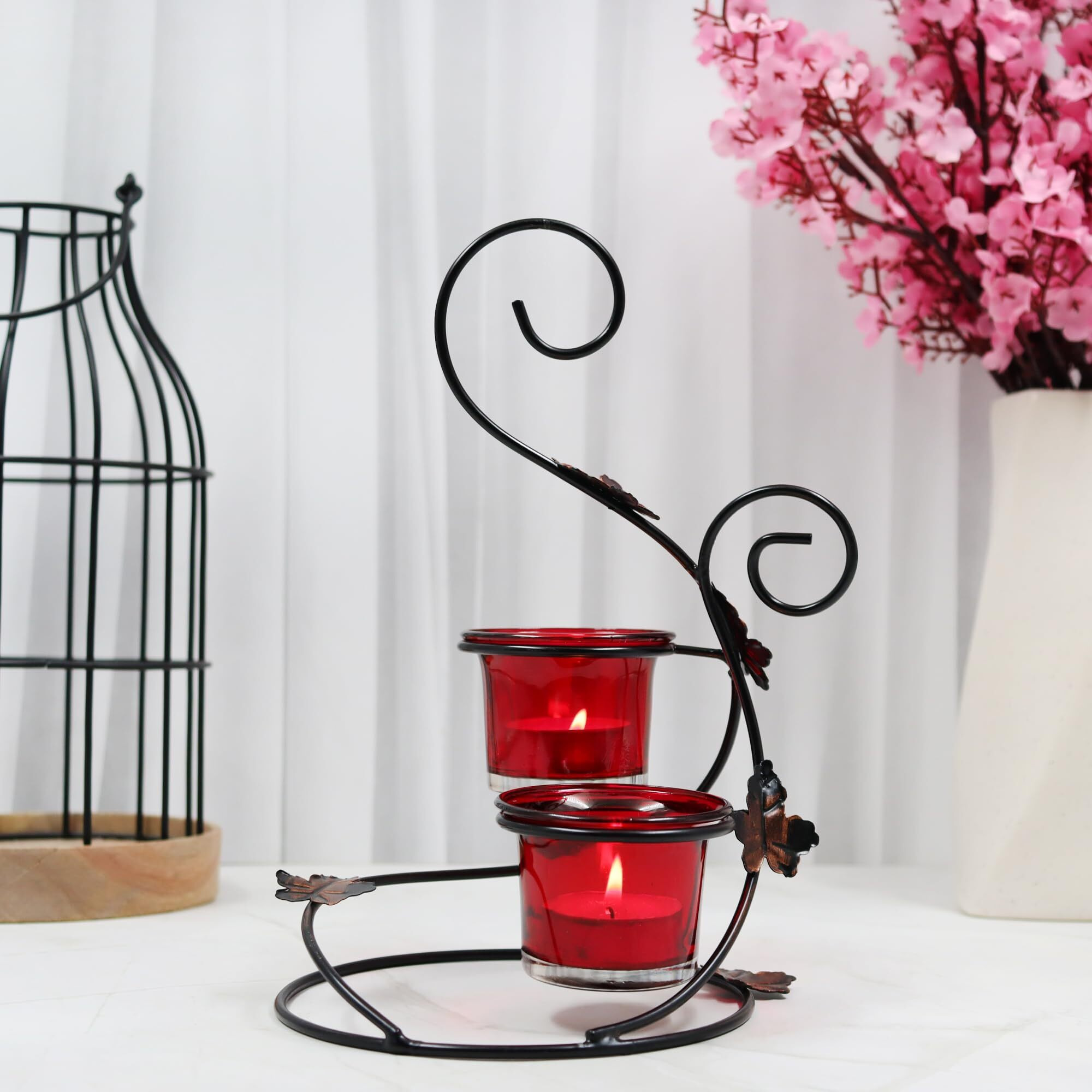 HOSLEY Metal Red Glass Tealight Candle Holder| Tealight Candle Holder with Glass Holder Perfect for Home Decor Tabletop| 2-Cup Centerpiece(Pack of 1) with Pack of 2 Tealights (Black)