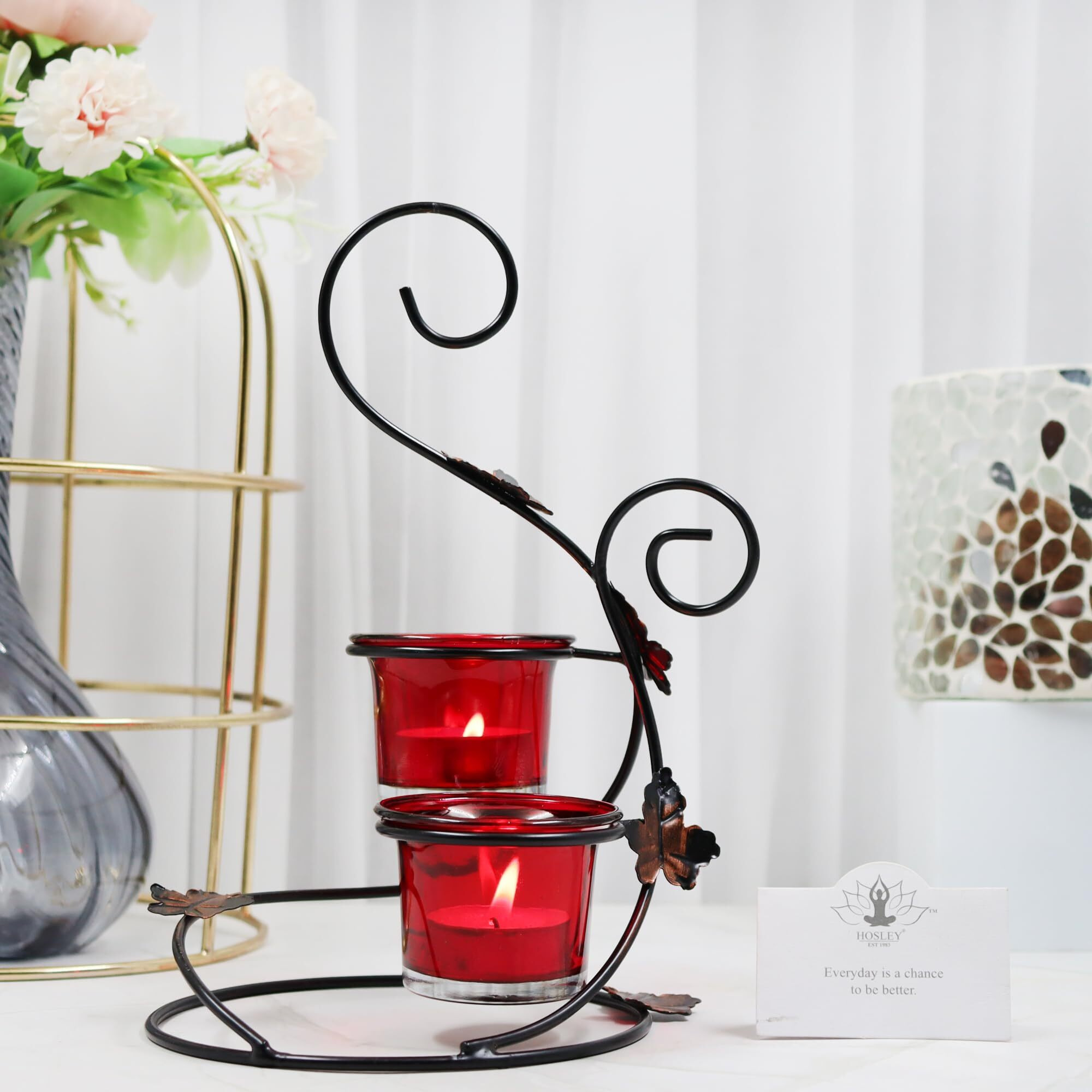 HOSLEY Metal Red Glass Tealight Candle Holder| Tealight Candle Holder with Glass Holder Perfect for Home Decor Tabletop| 2-Cup Centerpiece(Pack of 1) with Pack of 2 Tealights (Black)