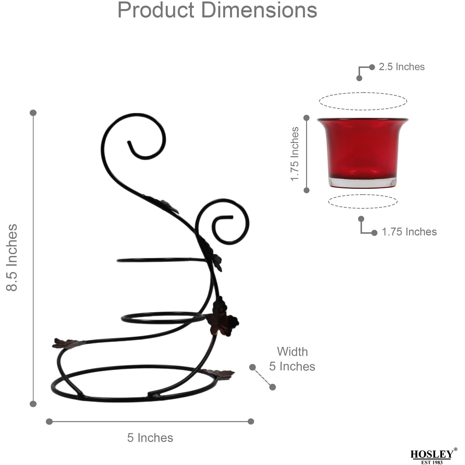 HOSLEY Metal Red Glass Tealight Candle Holder| Tealight Candle Holder with Glass Holder Perfect for Home Decor Tabletop| 2-Cup Centerpiece(Pack of 1) with Pack of 2 Tealights (Black)