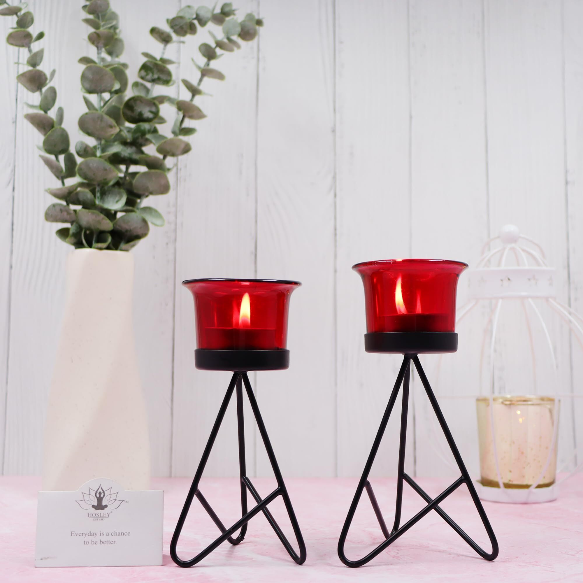 HOSLEY Metal Red Glass Tealight Candle Holder|Tealight Candle Holder with Glass Holder Perfect for Home Decor Tabletop| 2-Cup Centrepiece |Pack of 2 with Pack of 2 Tealights (Black)