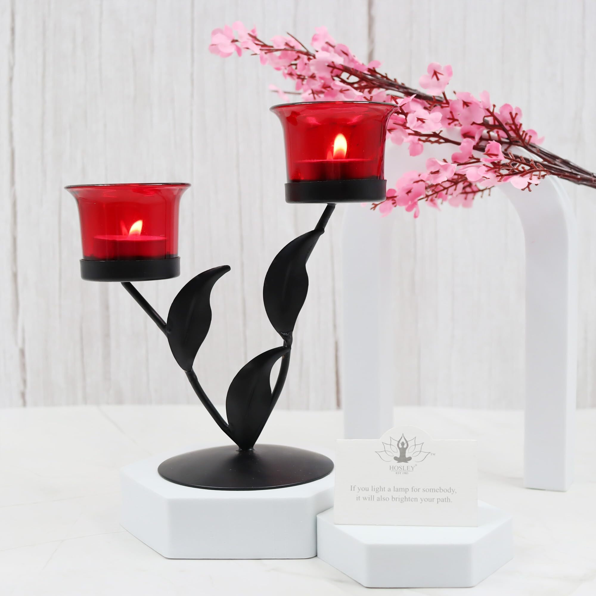 HOSLEY Metal Red Glass Tealight Candle Holder|Tealight Candle Holder with Glass Holder Perfect for Home Decor Tabletop|2-Cup Centrepiece Pack of 1 with Pack of 2 Tealight (Black)
