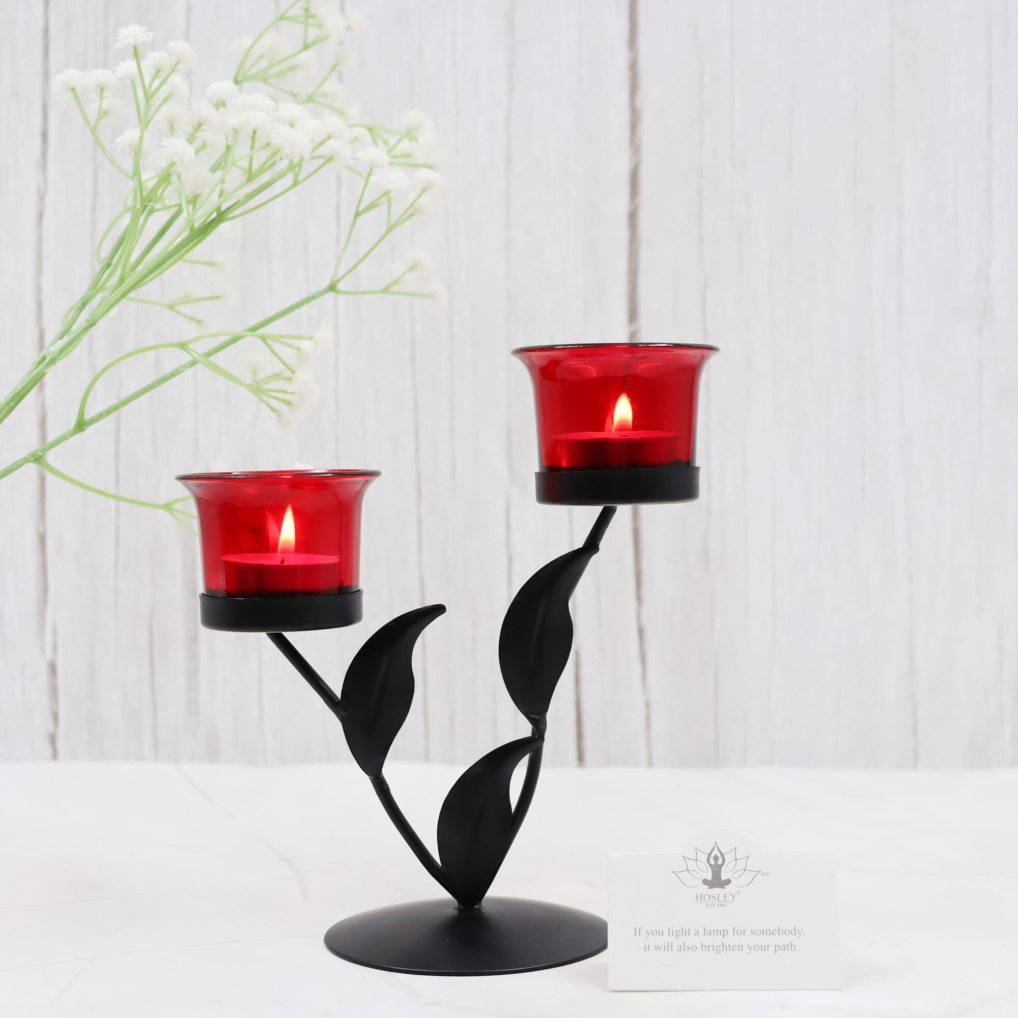 HOSLEY Metal Red Glass Tealight Candle Holder|Tealight Candle Holder with Glass Holder Perfect for Home Decor Tabletop|2-Cup Centrepiece Pack of 1 with Pack of 2 Tealight (Black)