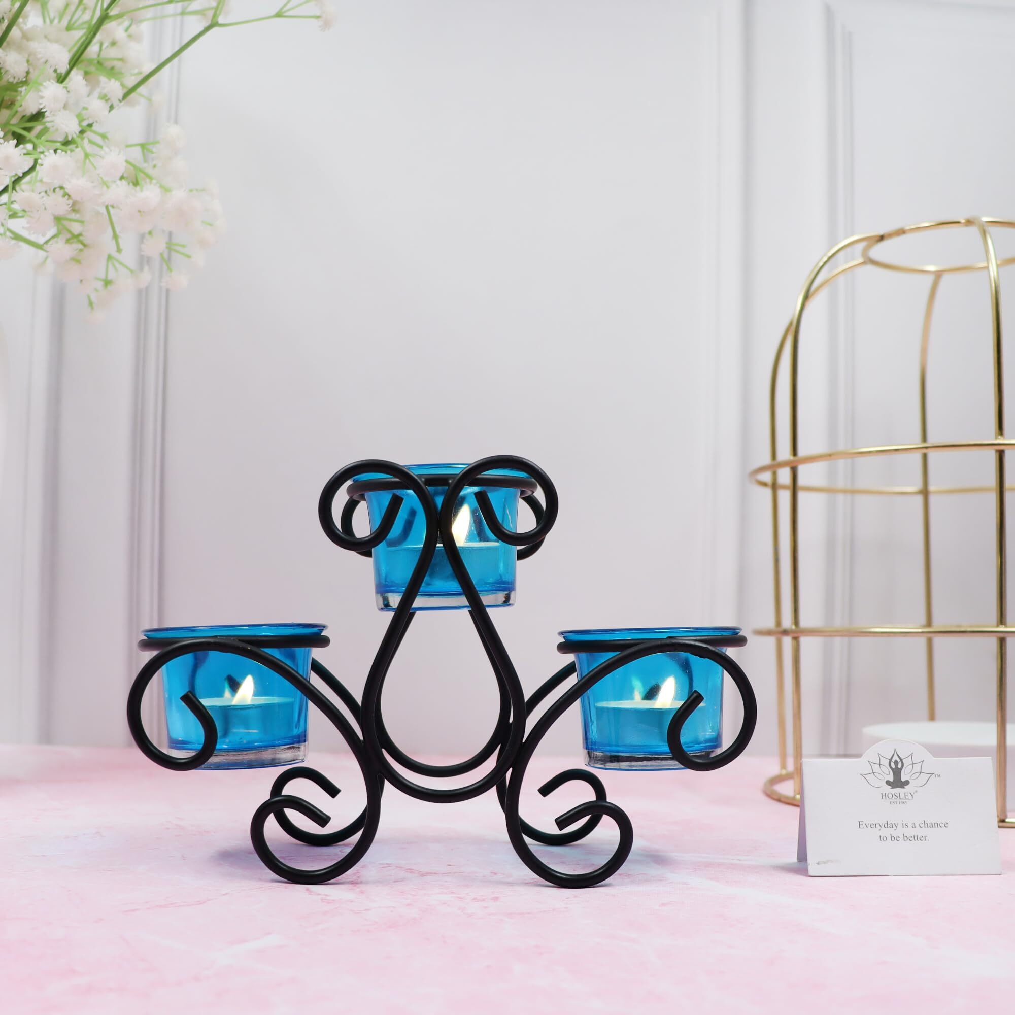 HOSLEY Metal Blue Glass Tealight Candle Holder| Tealight Candle Holder with Glass Holder Perfect for Home Decor Wedding Parties Tabletop| 3-Cup Centerpiece with Pack of 3 Tealights (Black)