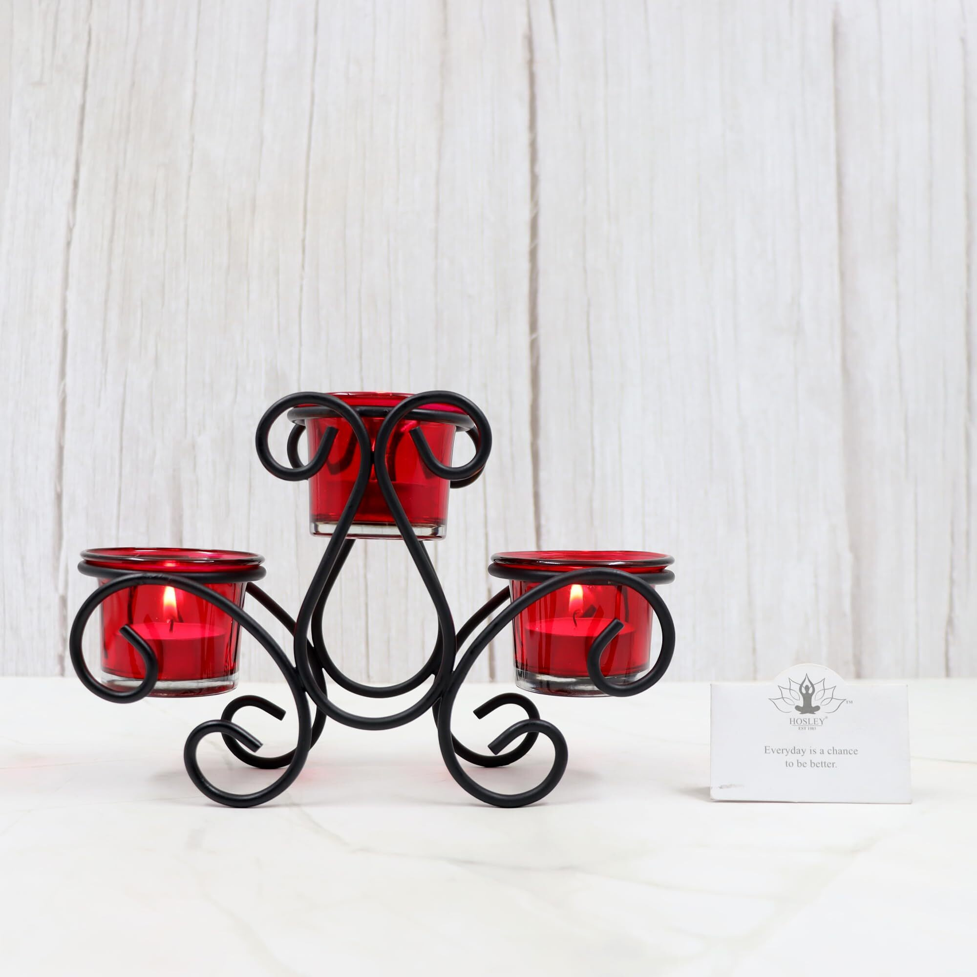 HOSLEY Metal Red Glass Tealight Candle Holder| Tealight Candle Holder with Glass Holder Perfect for Home Decor Wedding Parties Tabletop| 3-Cup Centerpiece with Pack of 3 Tealights (Black)