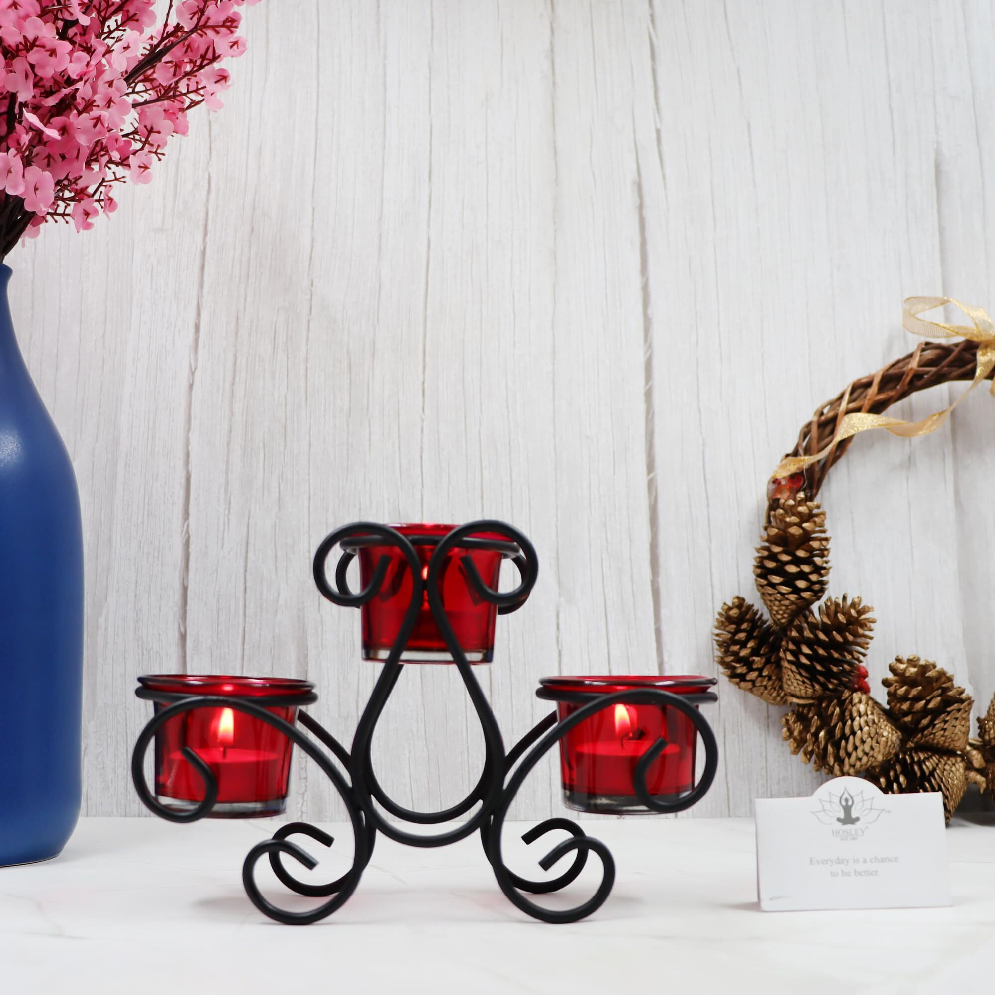 HOSLEY Metal Red Glass Tealight Candle Holder| Tealight Candle Holder with Glass Holder Perfect for Home Decor Wedding Parties Tabletop| 3-Cup Centerpiece with Pack of 3 Tealights (Black)