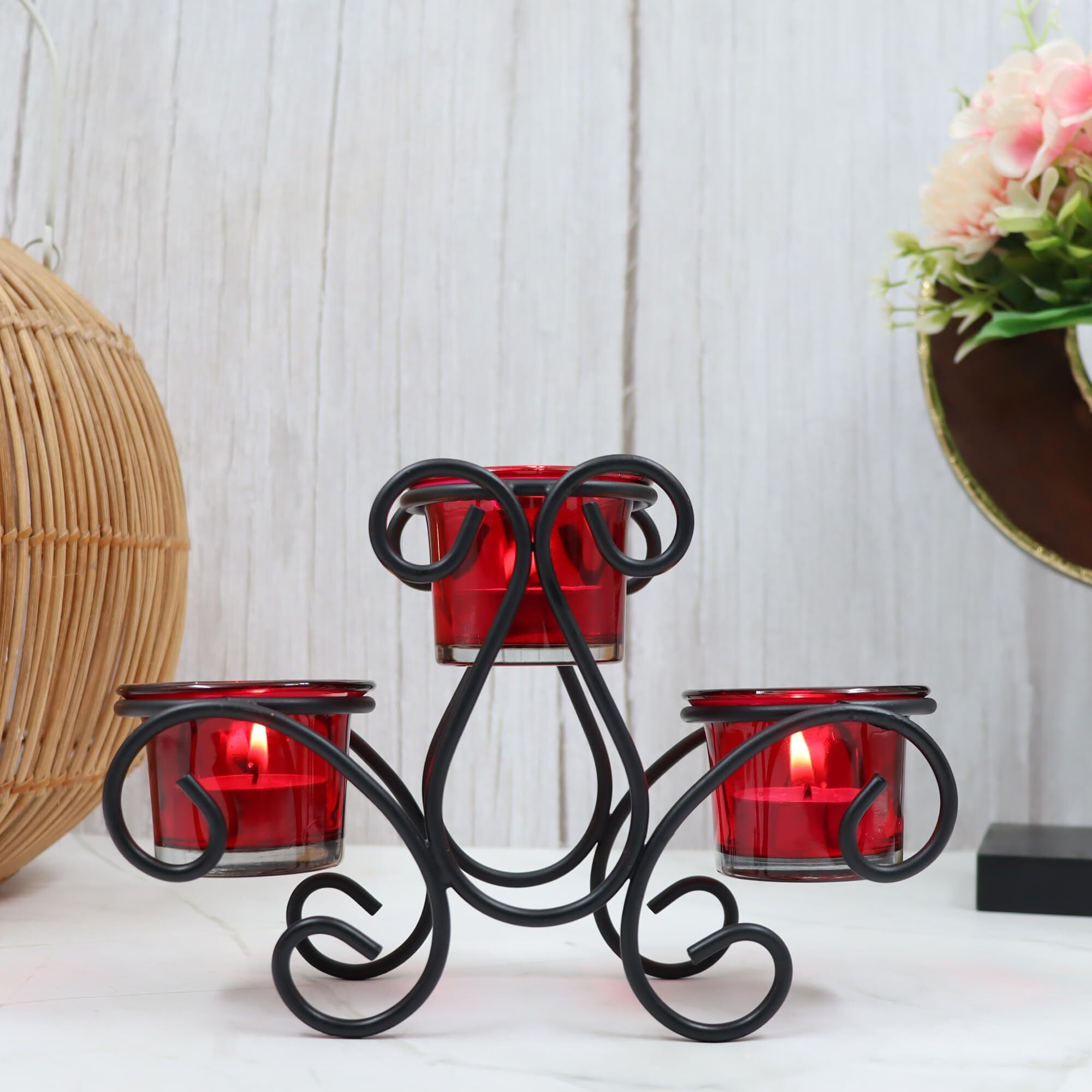 HOSLEY Metal Red Glass Tealight Candle Holder| Tealight Candle Holder with Glass Holder Perfect for Home Decor Wedding Parties Tabletop| 3-Cup Centerpiece with Pack of 3 Tealights (Black)