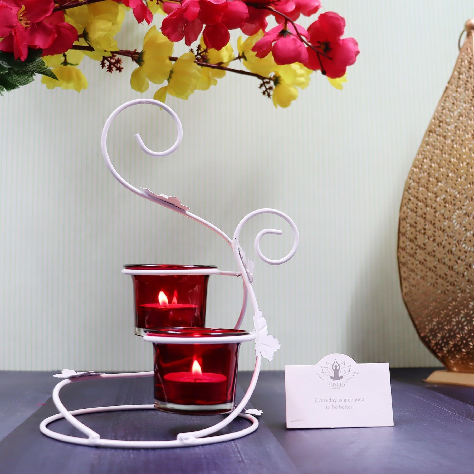 HOSLEY Metal Red Glass Tealight Candle Holder|Tealight Candle Holder with Glass Holder Perfect for Home Decor Tabletop|2- Cup Centrepiece Pack of 1 with Pack of 2 Tealights
