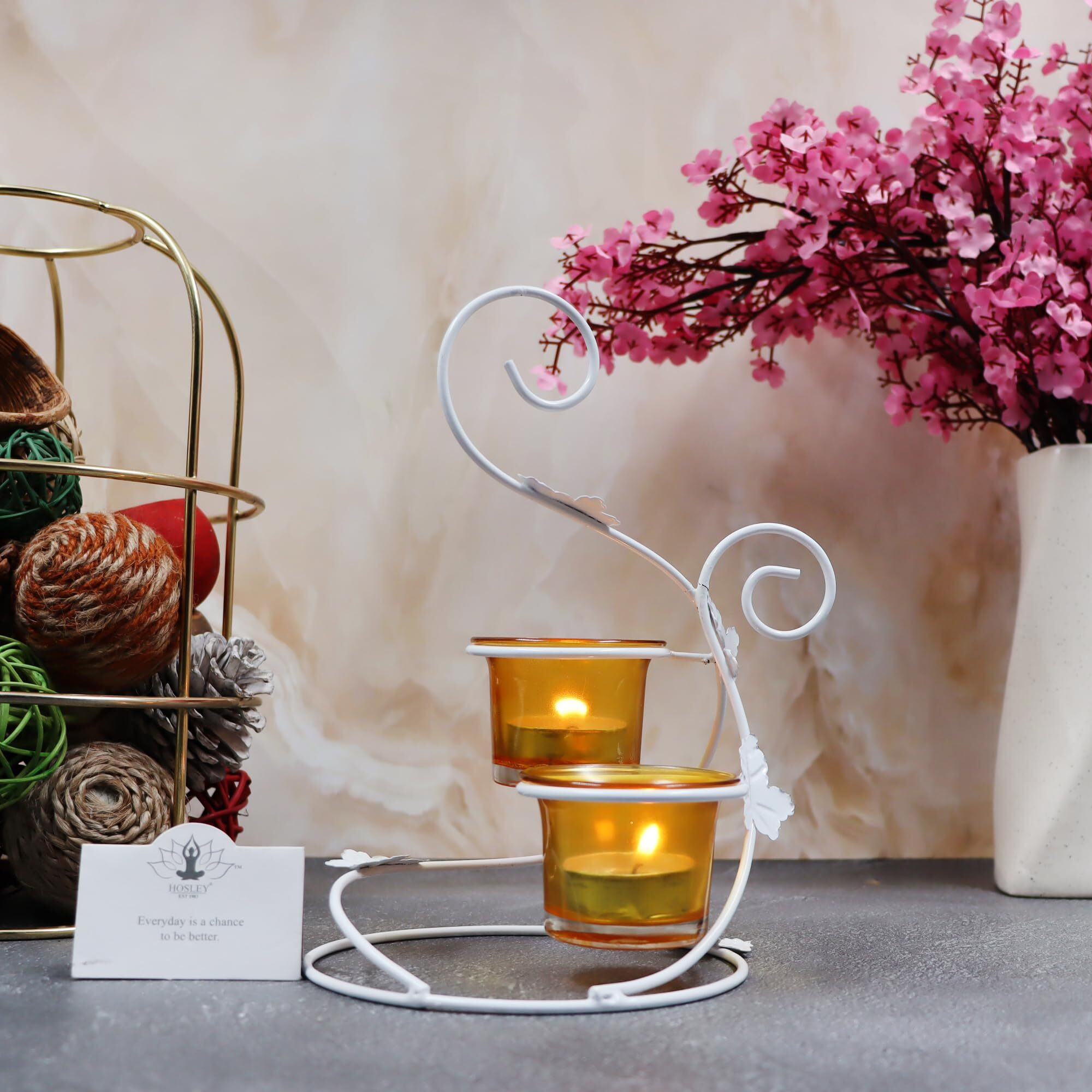 HOSLEY Metal Yellow Glass Tealight Candle Holder|Tealight Candle Holder with Glass Holder Perfect for Home Decor Tabletop| 2- Cup Centrepiece Pack of 1 with Pack of 2 Tealights