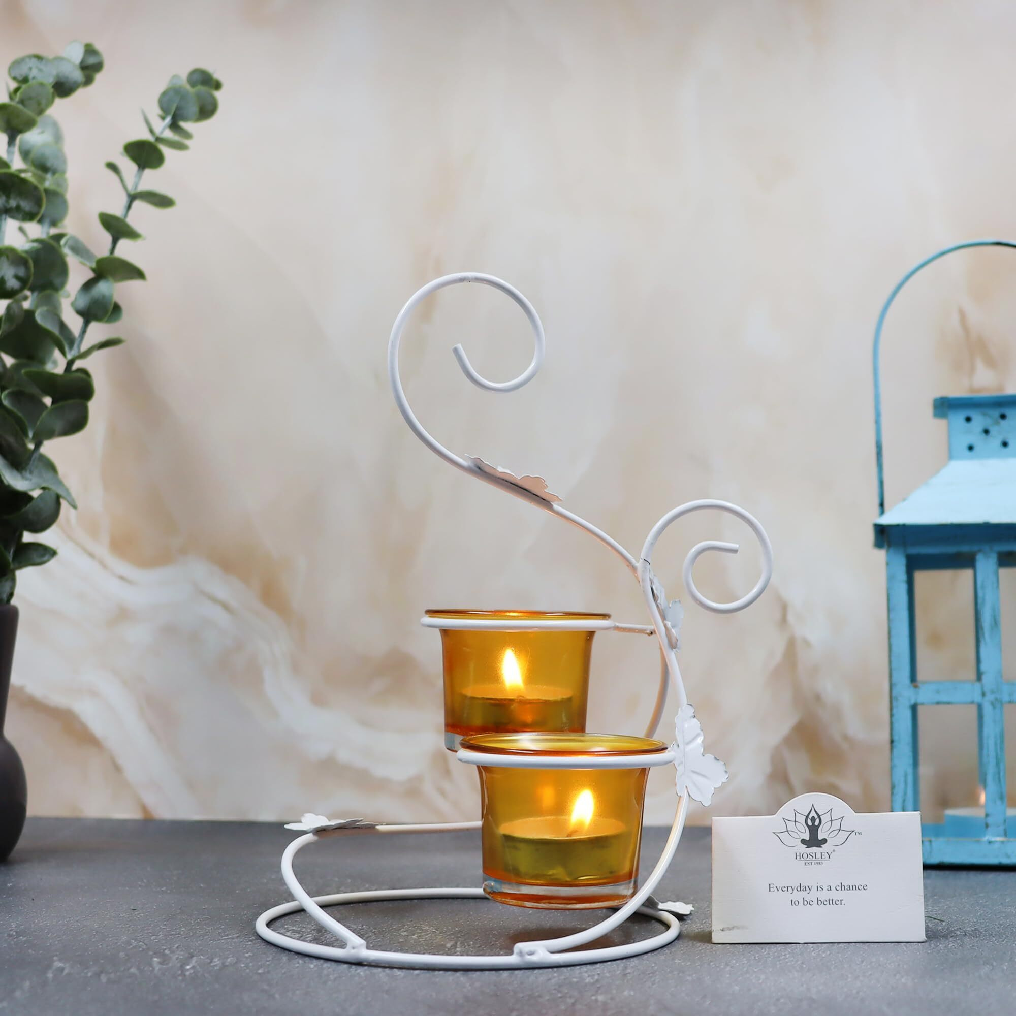 HOSLEY Metal Yellow Glass Tealight Candle Holder|Tealight Candle Holder with Glass Holder Perfect for Home Decor Tabletop| 2- Cup Centrepiece Pack of 1 with Pack of 2 Tealights