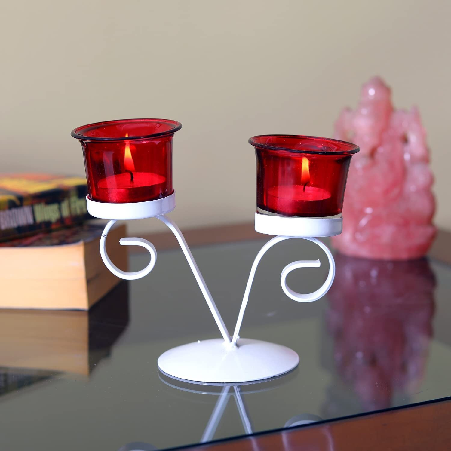HOSLEY Metal Red Glass Tealight Candle Holder| Tealight Candle Holder with Glass Holder Perfect for Home Decor Tabletop| 2-Cup Centerpiece with Pack of 2 Tealights (White)