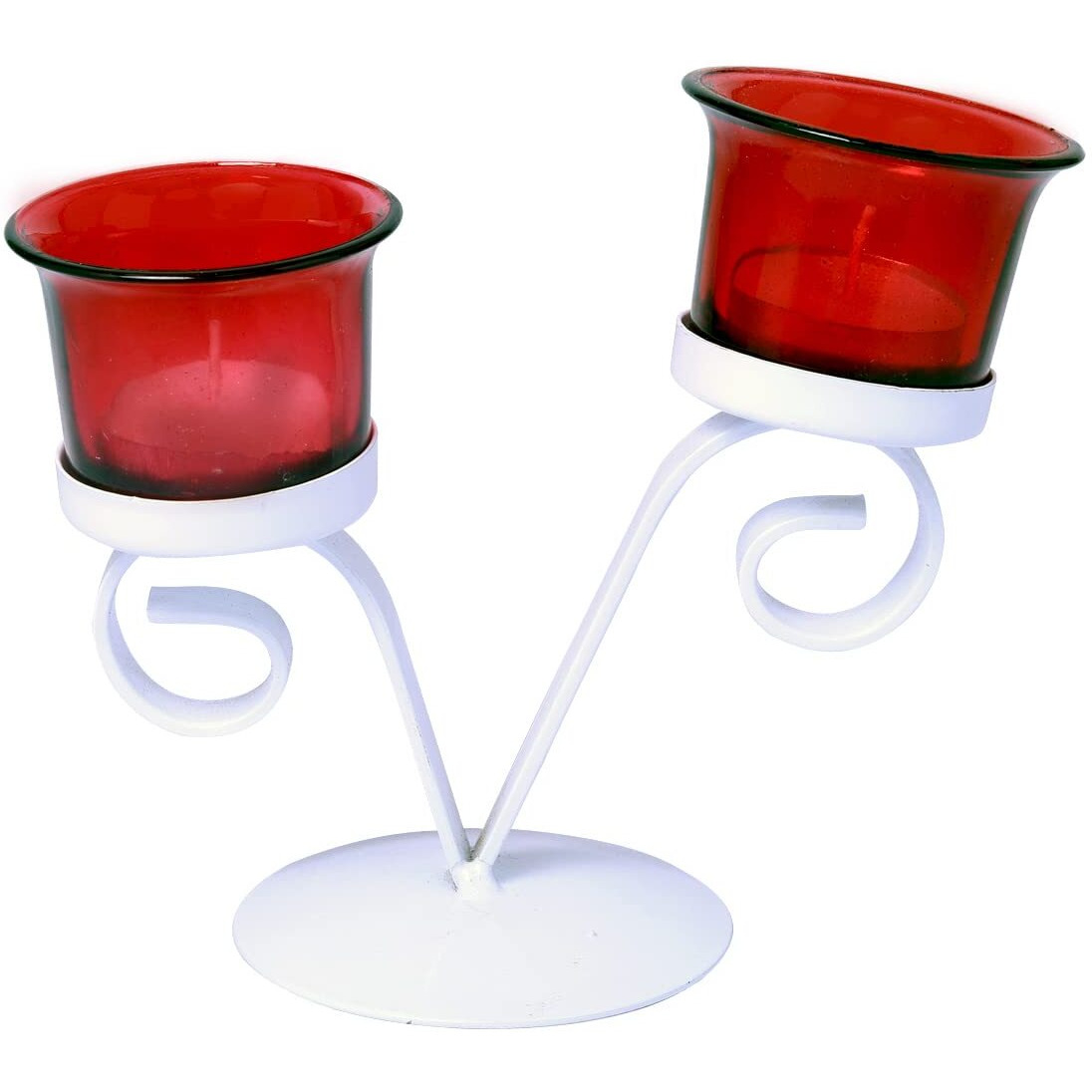 HOSLEY Metal Red Glass Tealight Candle Holder| Tealight Candle Holder with Glass Holder Perfect for Home Decor Tabletop| 2-Cup Centerpiece with Pack of 2 Tealights (White)