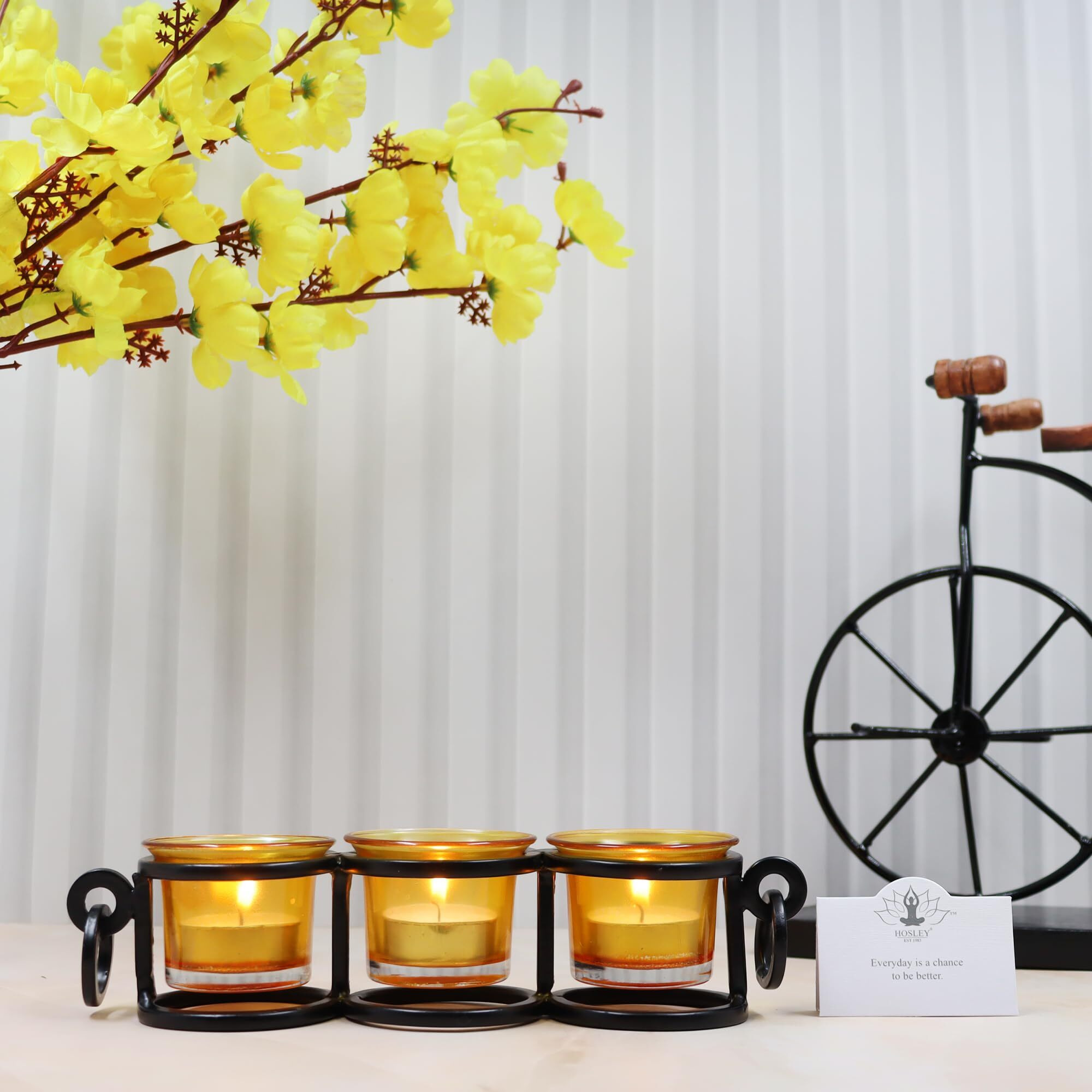 HOSLEY Metal Yellow Glass Tealight Candle Holder|Tealight Candle Holder with Glass Holder Perfect for Home Decor Tabletop|3- Cup Centrepiece Pack of 1 with Pack of 3 Tealights