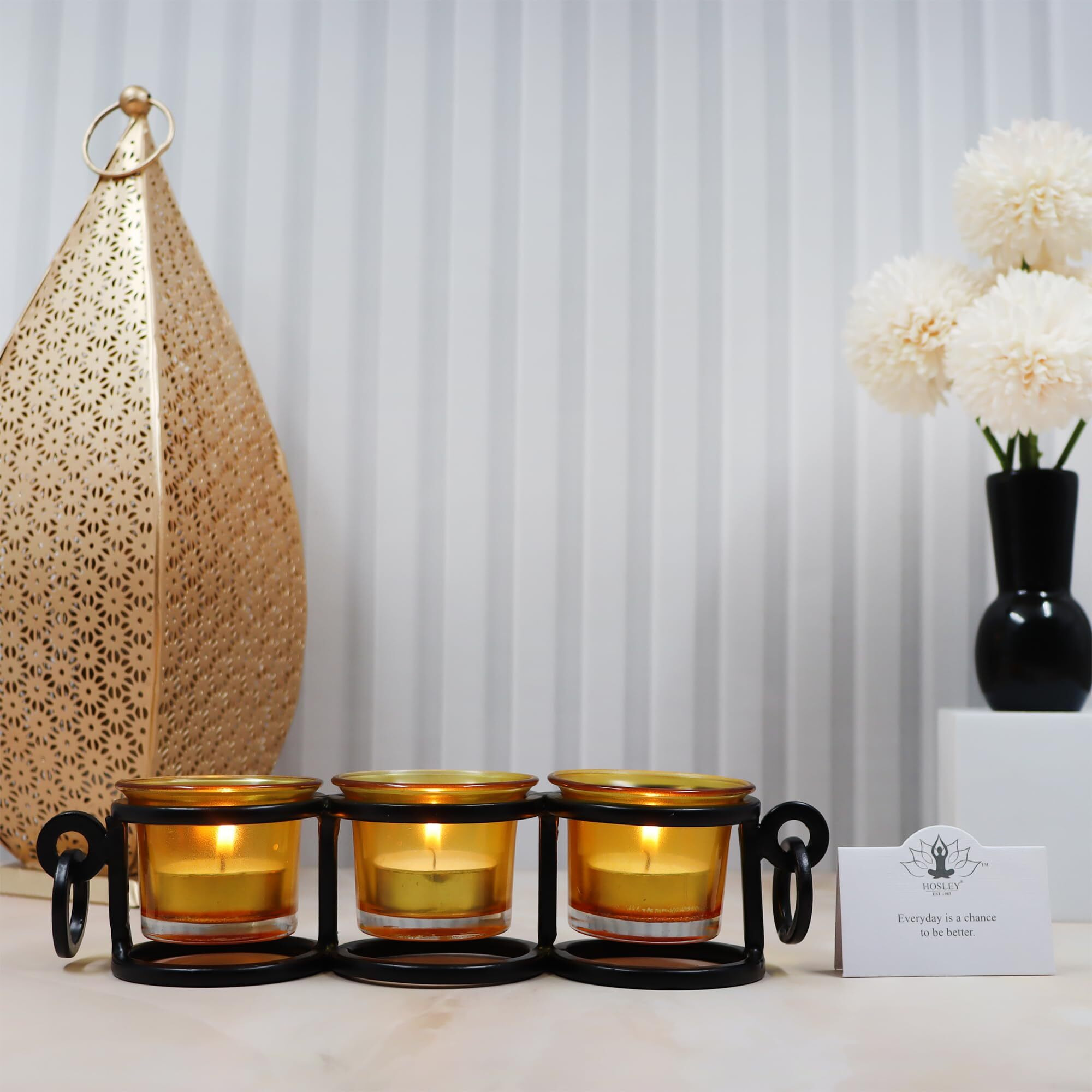 HOSLEY Metal Yellow Glass Tealight Candle Holder|Tealight Candle Holder with Glass Holder Perfect for Home Decor Tabletop|3- Cup Centrepiece Pack of 1 with Pack of 3 Tealights