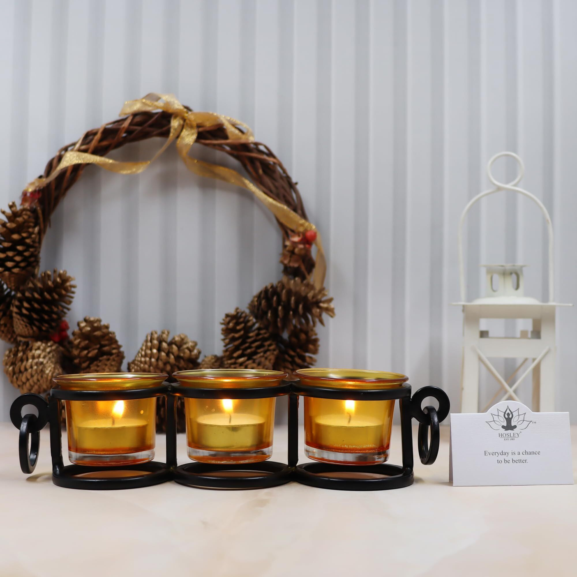HOSLEY Metal Yellow Glass Tealight Candle Holder|Tealight Candle Holder with Glass Holder Perfect for Home Decor Tabletop|3- Cup Centrepiece Pack of 1 with Pack of 3 Tealights