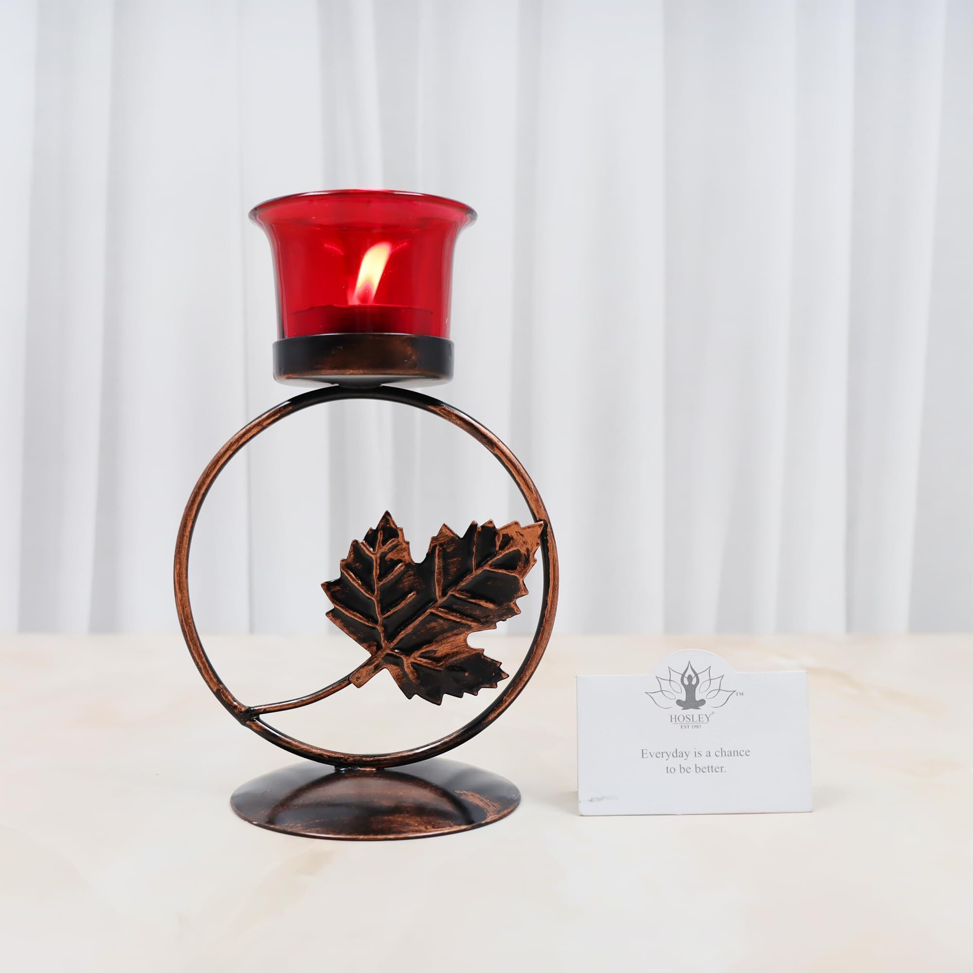 HOSLEY Metal Red Glass Tealight Candle Holder|Tealight Candle Holder with Glass Holder Perfect for Home Decor Tabletop|1-Cup Centrepiece | Pack of 1 with Pack of 1 Tealight (Black)