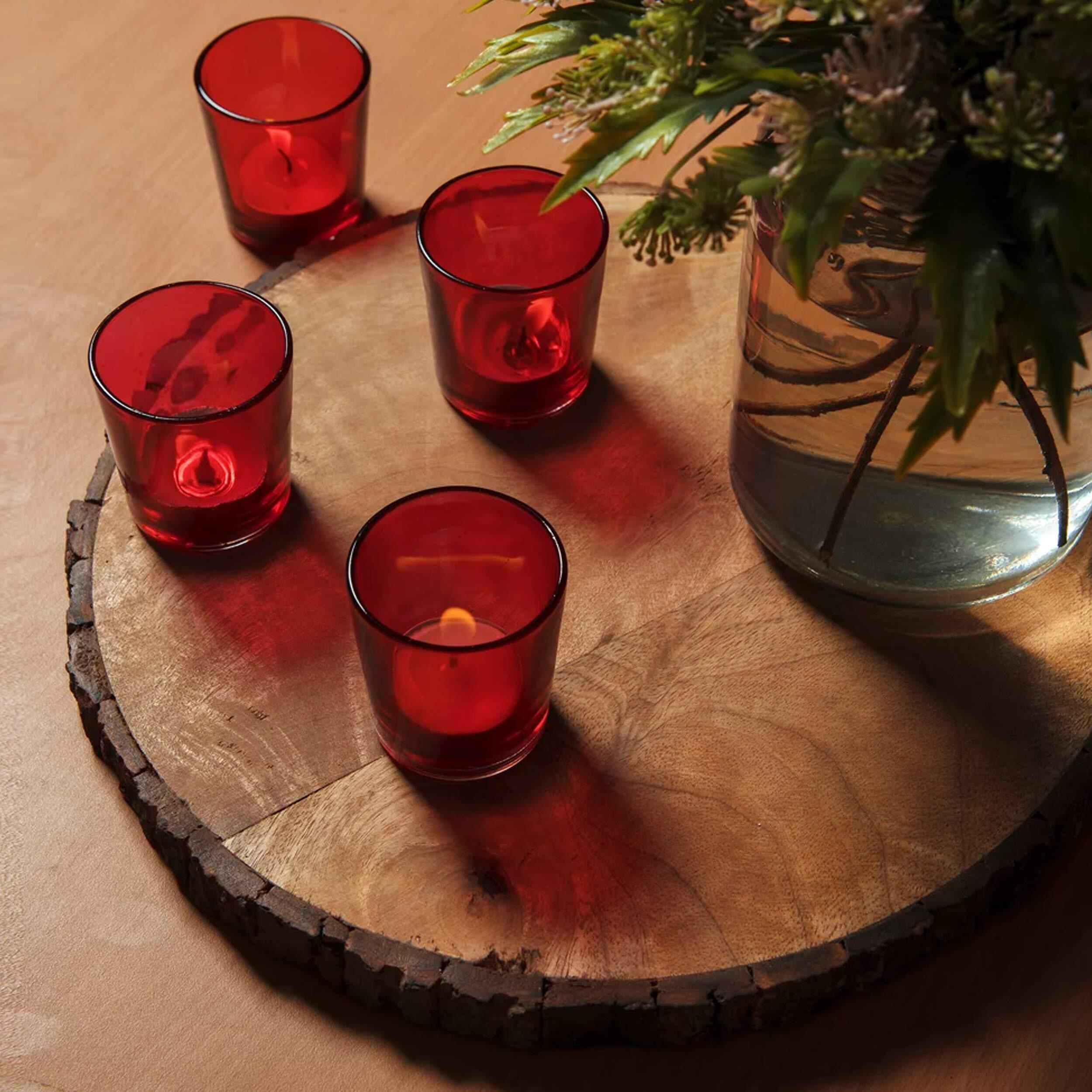 TIED RIBBONS Set of 6 Votive Glass Tealight Candle Holders Glass Votive - Decorations Items for Home Decor Table Restaurant Gifts (Glass, Red, 6 Cm X 5 Cm)