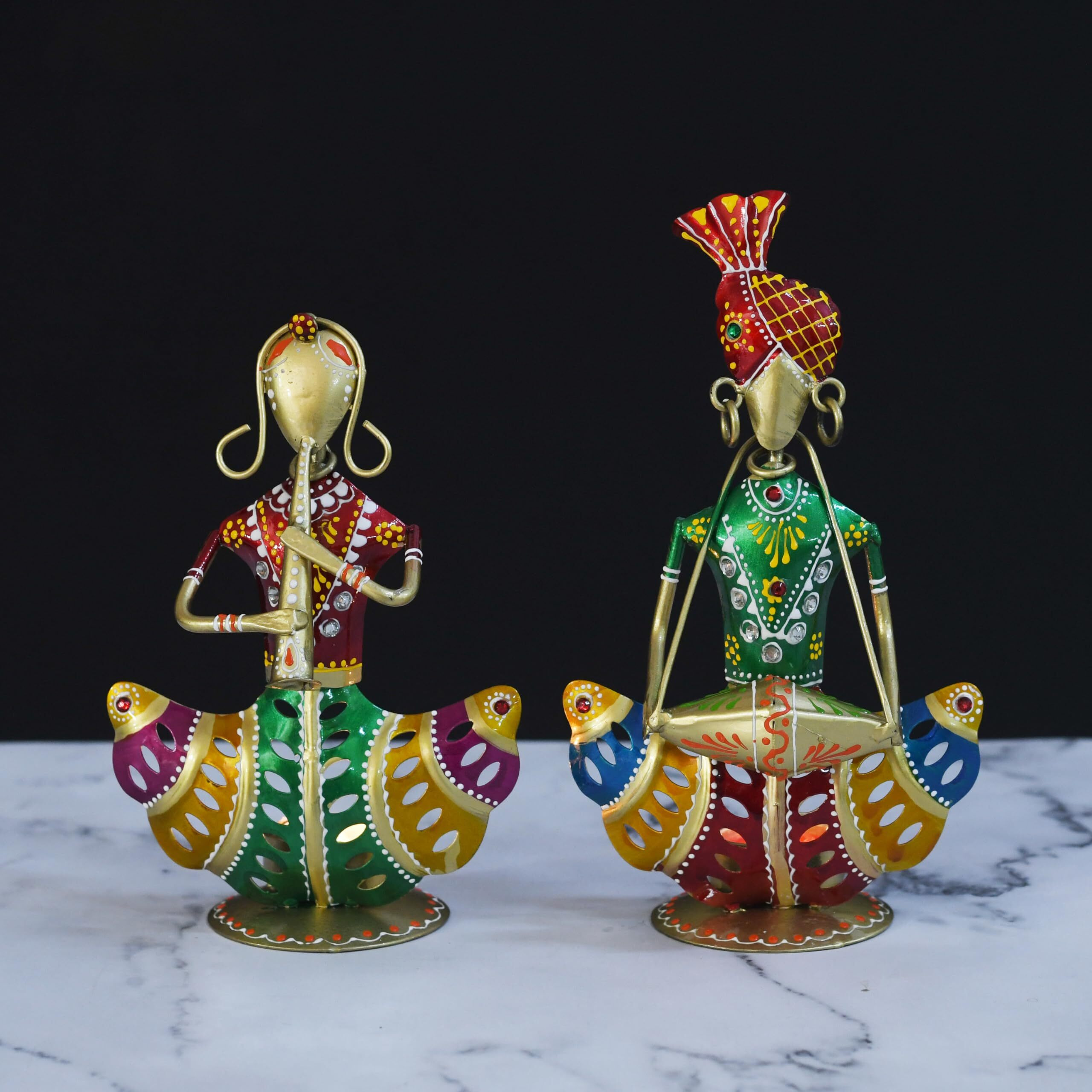Lamcy Plaza Rajasthani Musician Couple Tealight Candle Holder Showpiece | Candle Holder Stand Showpiece | Home Decor Items for Living Room Table | Living Room |Table Decor | Set of 2