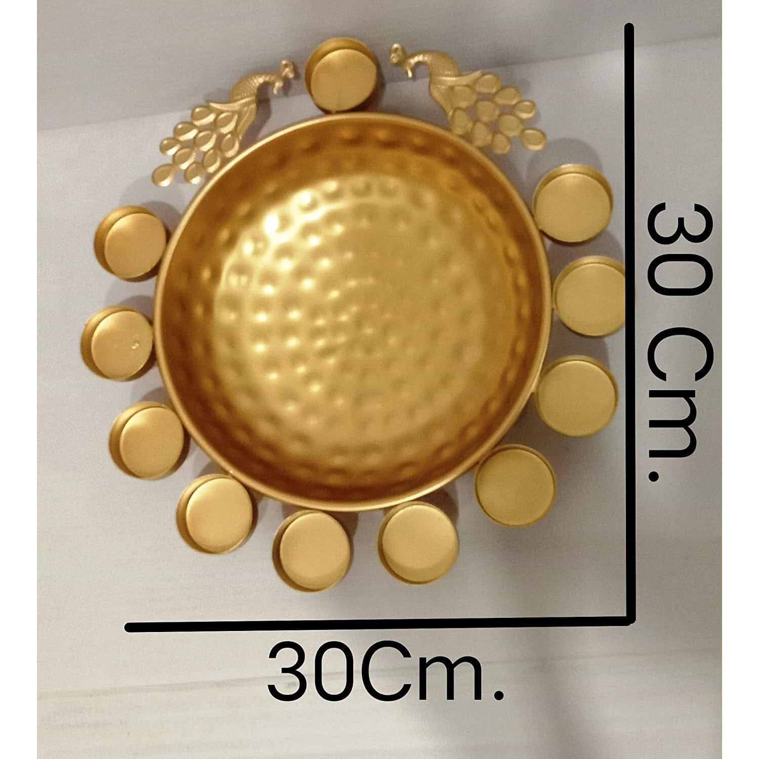 Optima Traders 12 Inches Metal Urli Bowl for Water Floating Flowers and Tealight Candle Holder for Festival, Vastu, Pooja and Home Decoration (Peacock Design)
