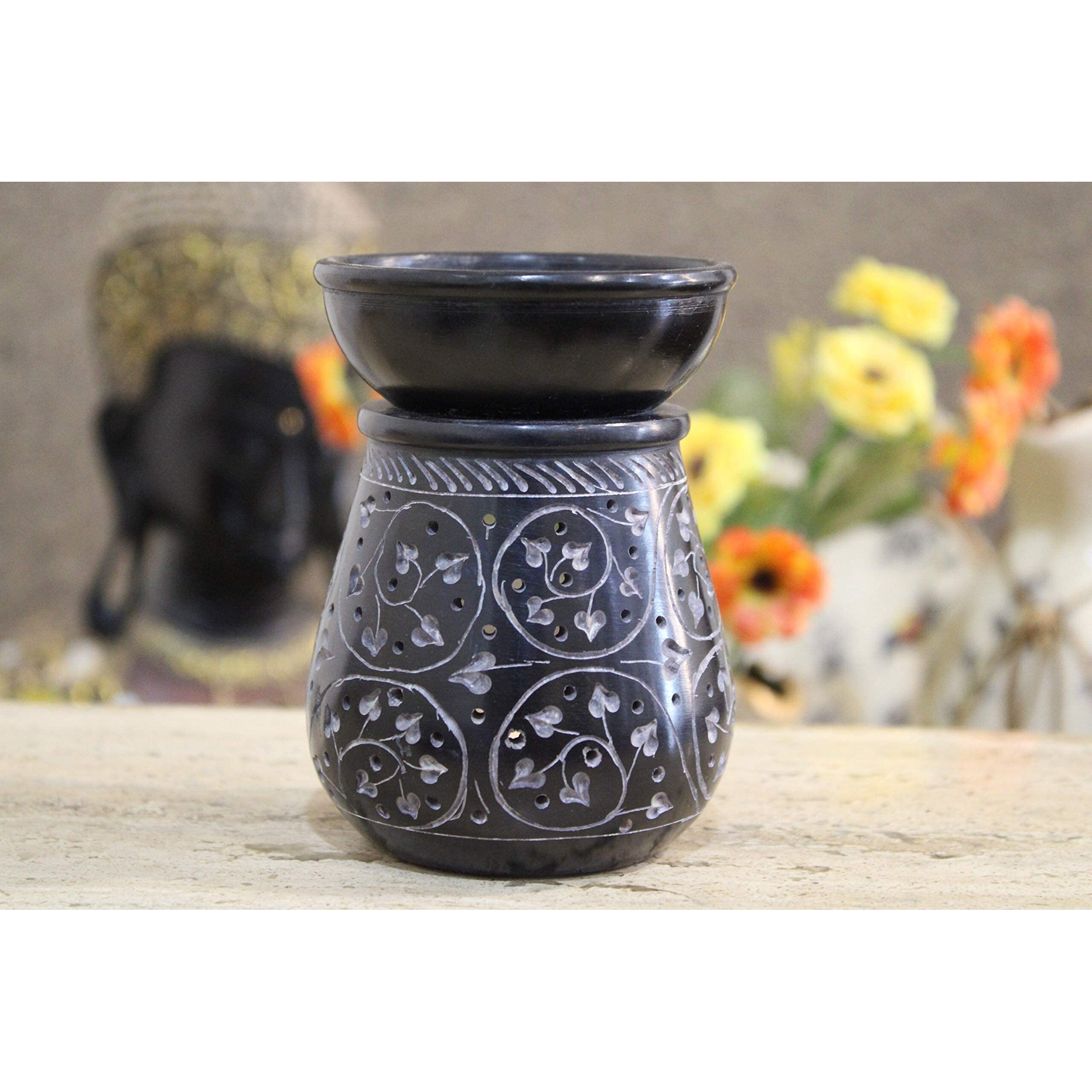 KC KULLICRAFT Black Marble Soapstone Handcrafted Candle Aroma Oil Diffuser and Tea Light Burner. Floral Carving Perfect for Gifting and Home Decor.